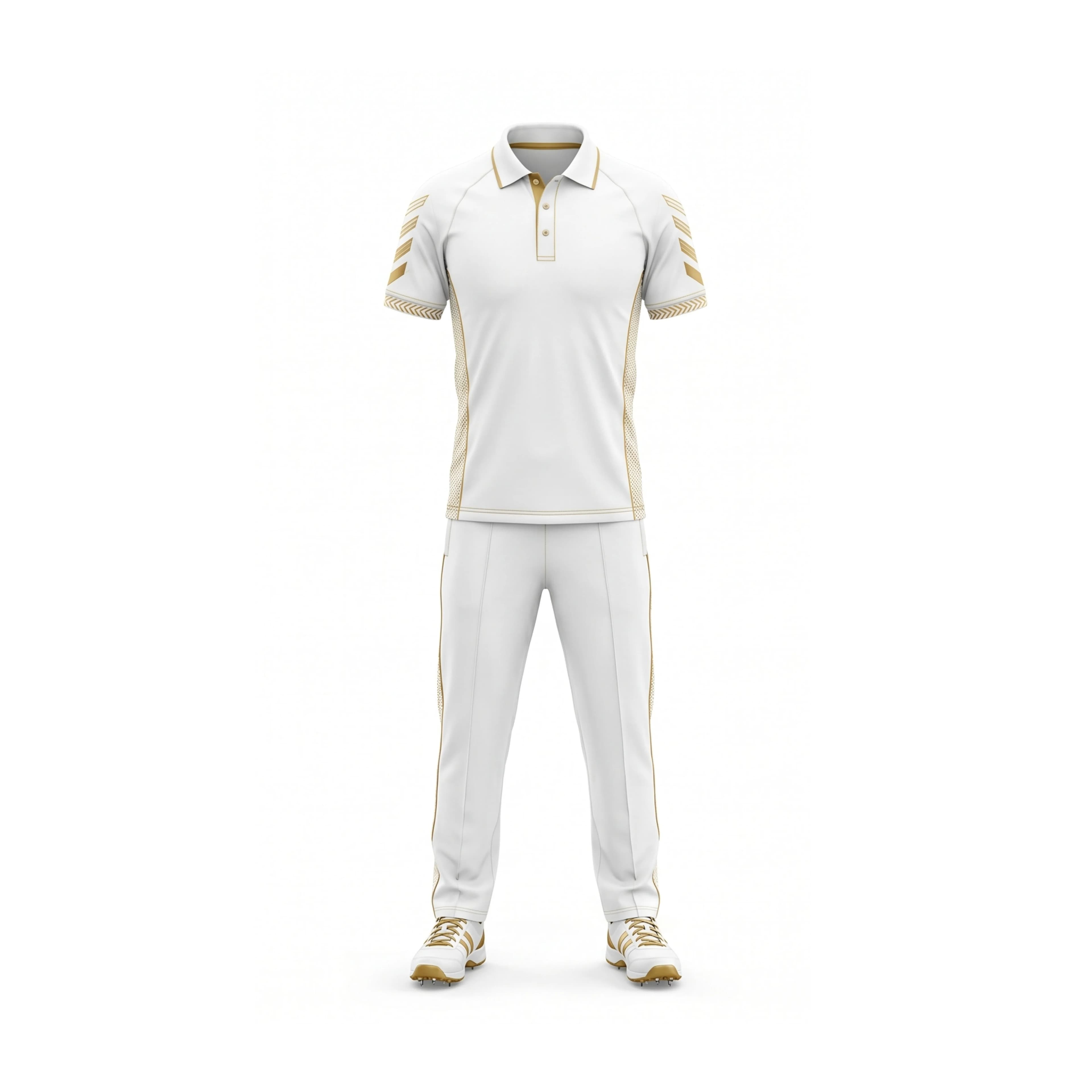 White & Gold Cricket Polo Shirt and Pants Set with Stripe Detail
