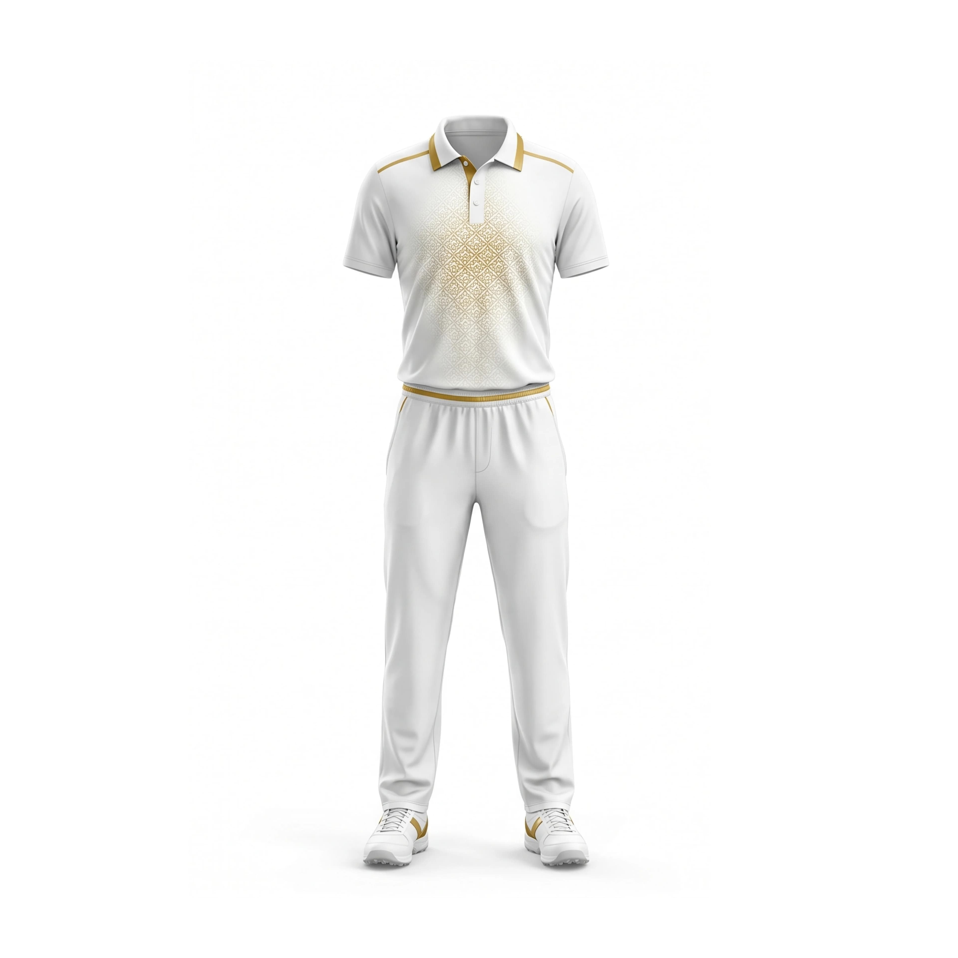 White & Gold Patterned Cricket Polo Shirt & Pants Set