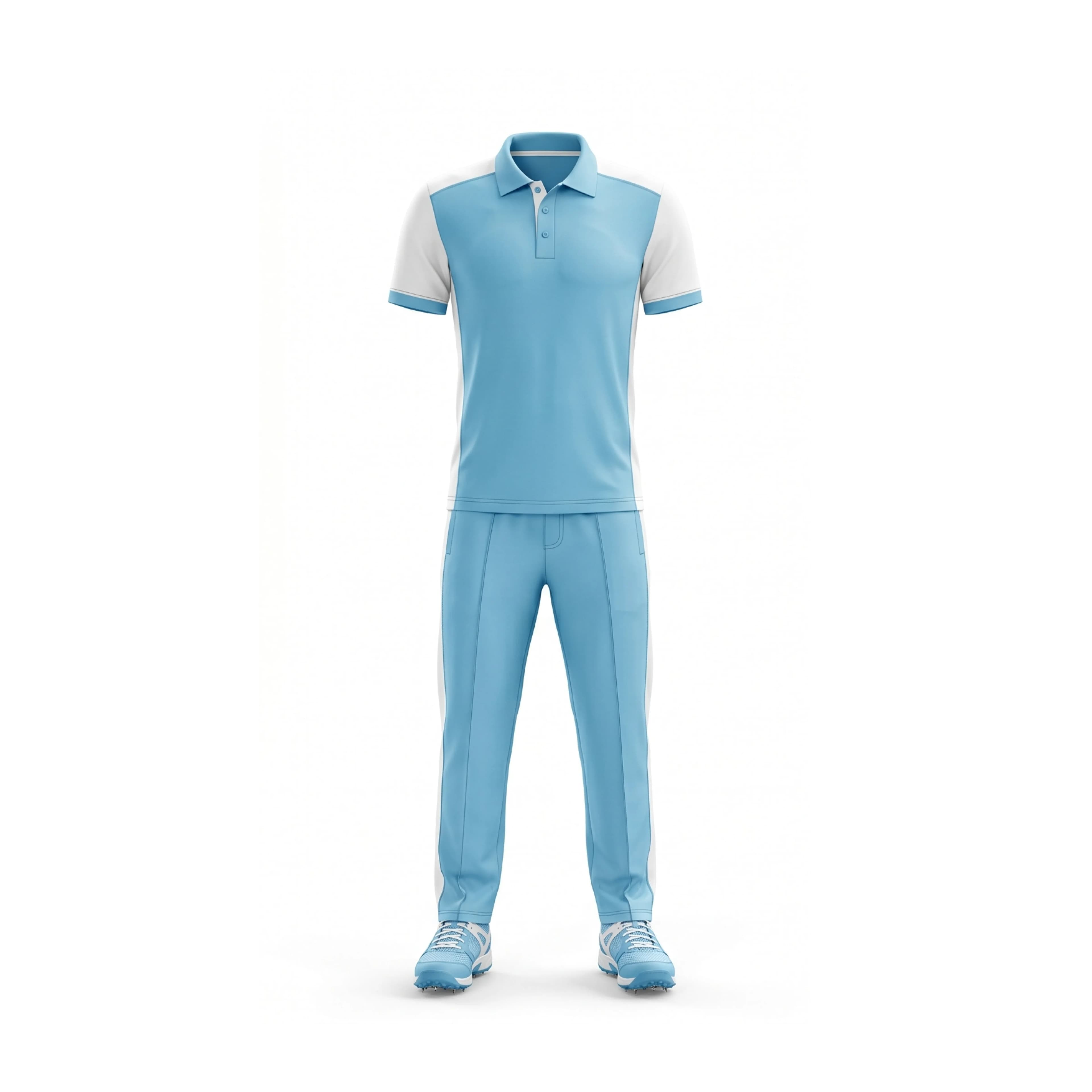 Sky Blue & White Panel Cricket Polo Shirt and Pant Set