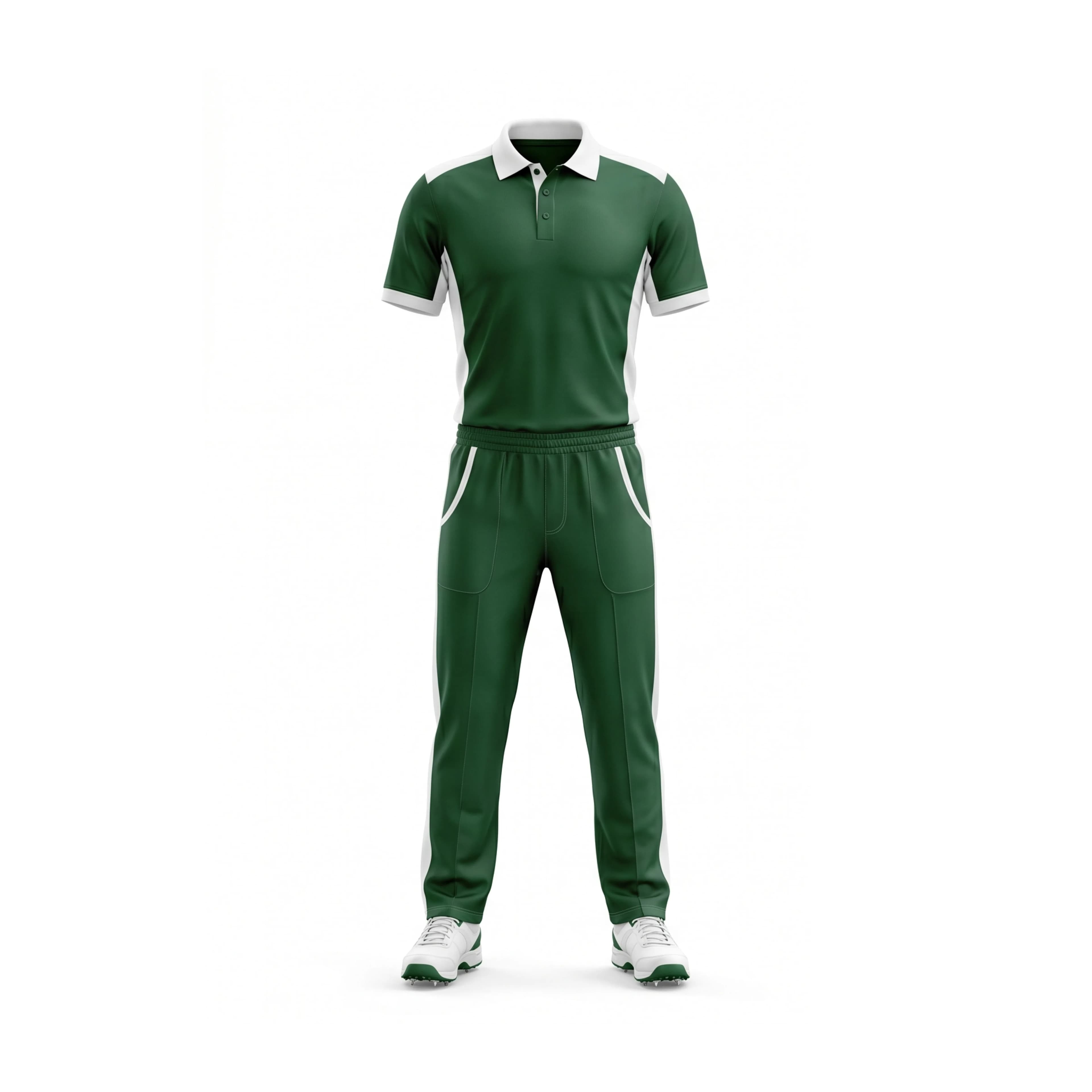 Dark Green & White Panel Cricket Polo Shirt and Trouser Set