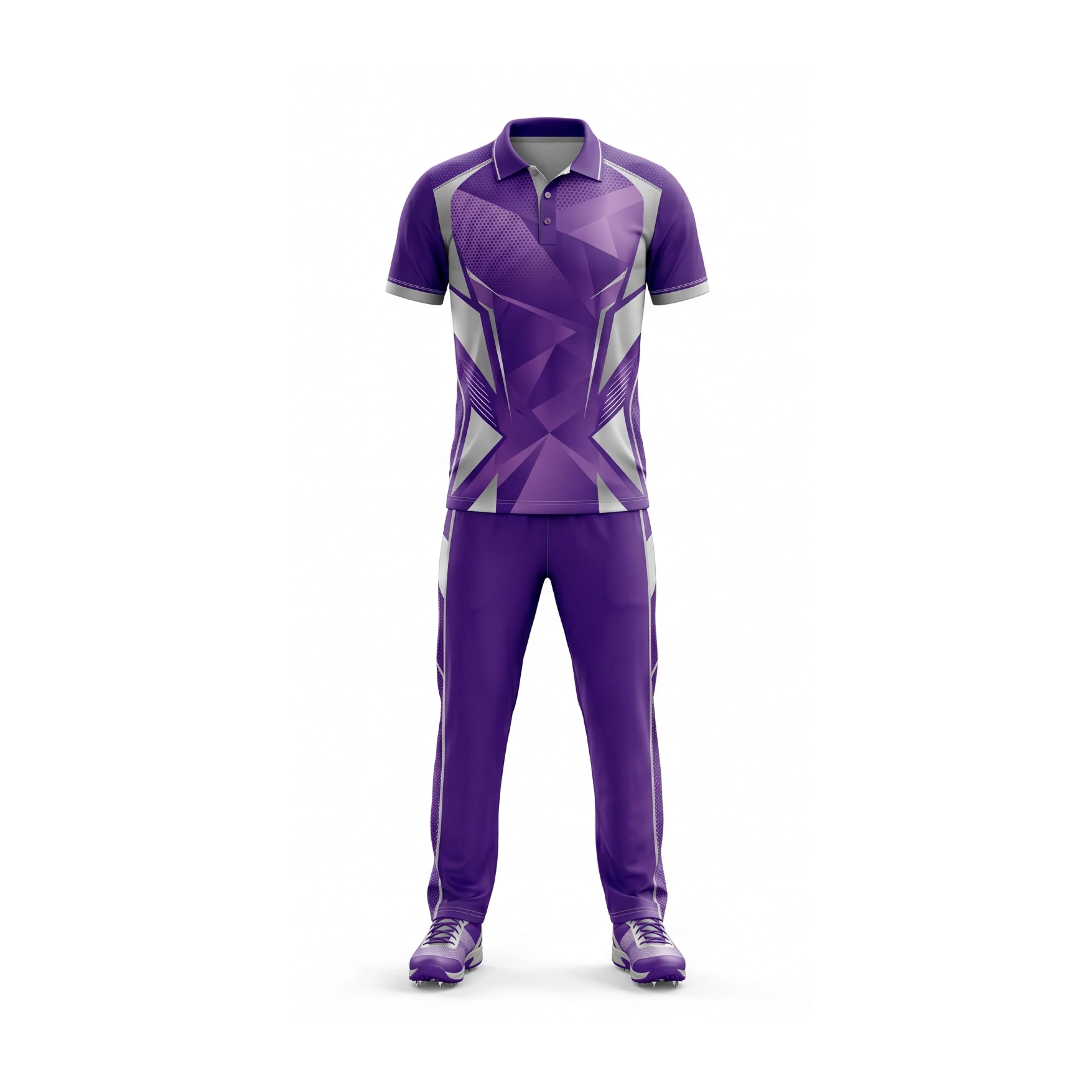 Purple & Grey Geometric Cricket Uniform Set with Trousers