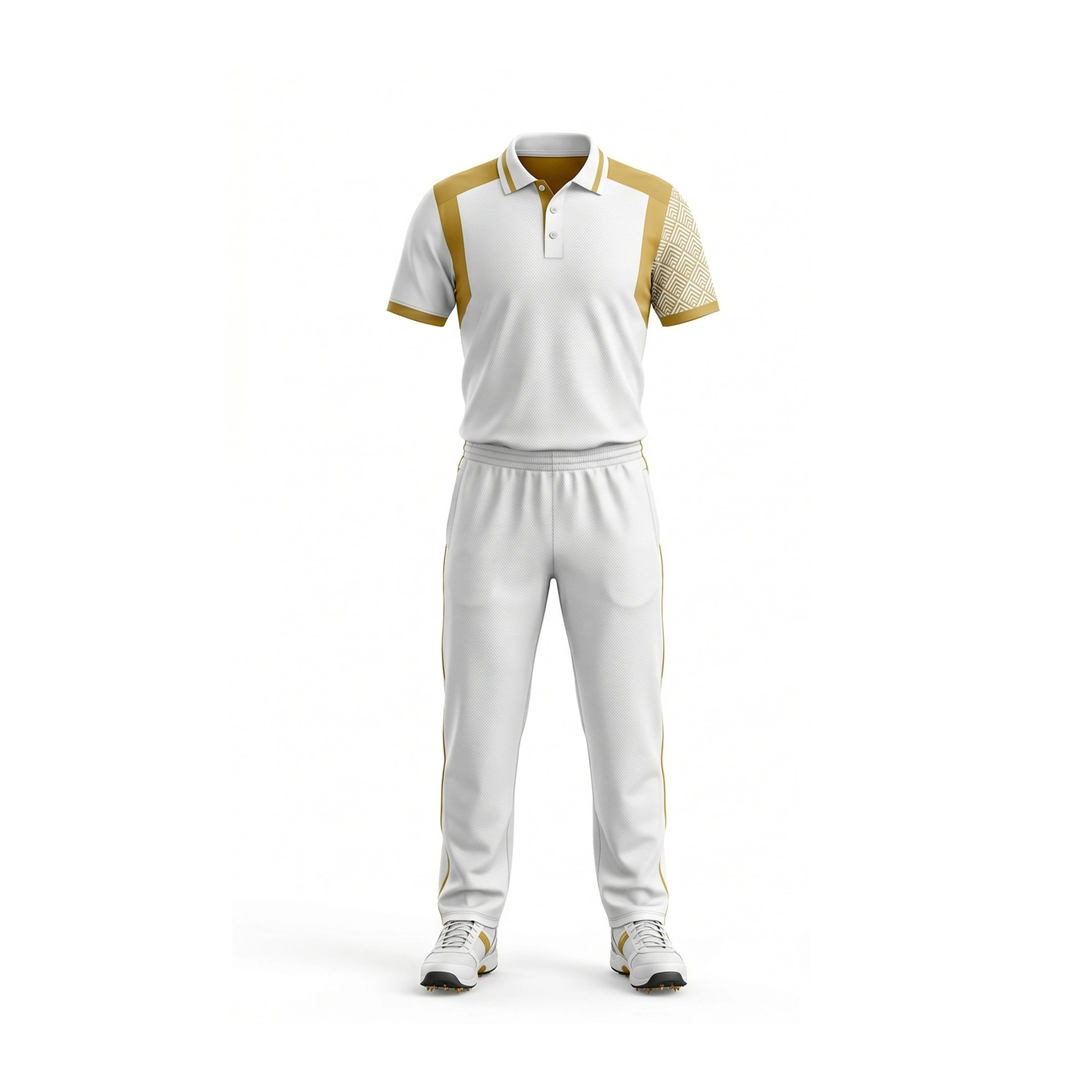White & Gold Trim Cricket Jersey & Pant Set with Textured Sleeves