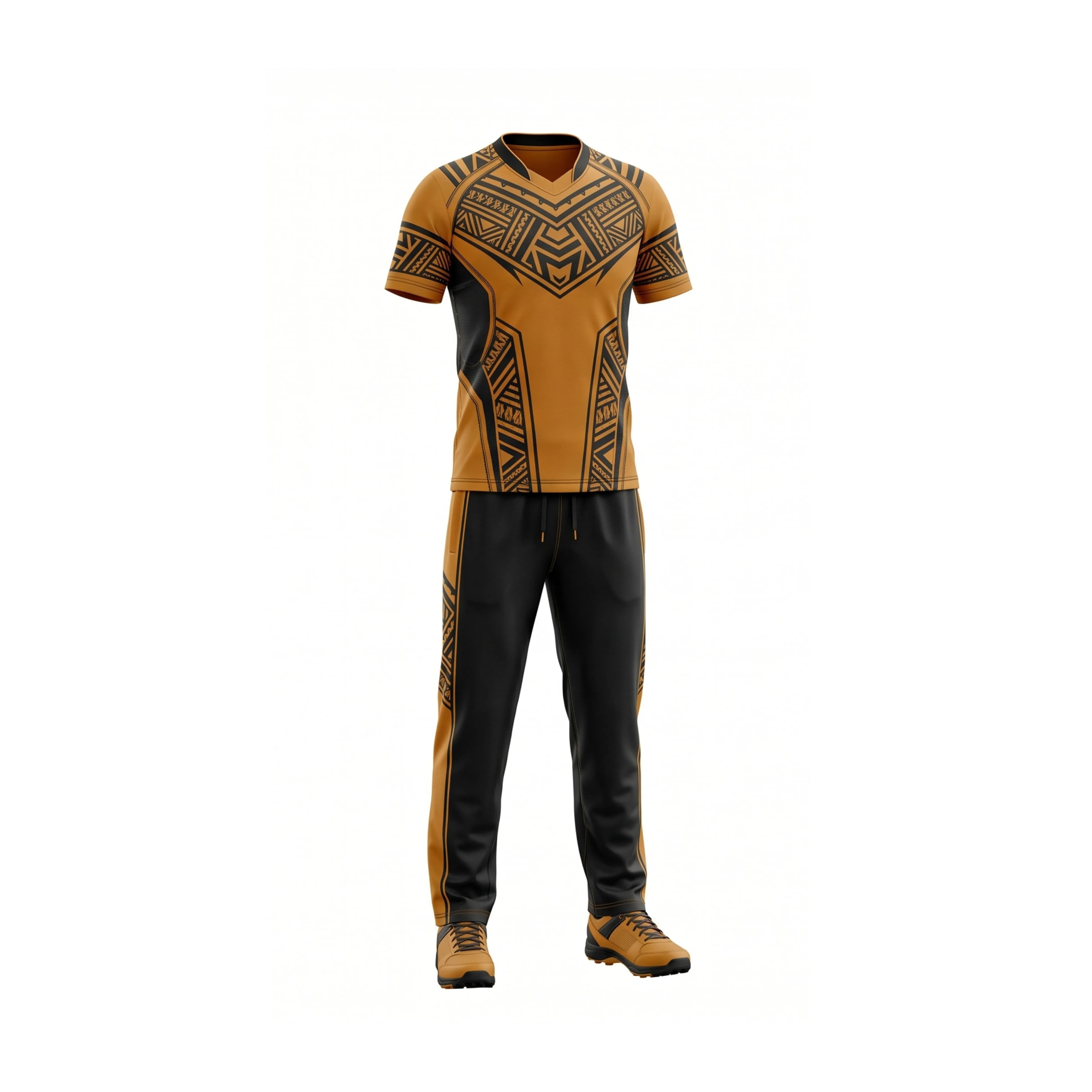 Gold & Black Tribal Pattern Cricket Jersey & Pants Set