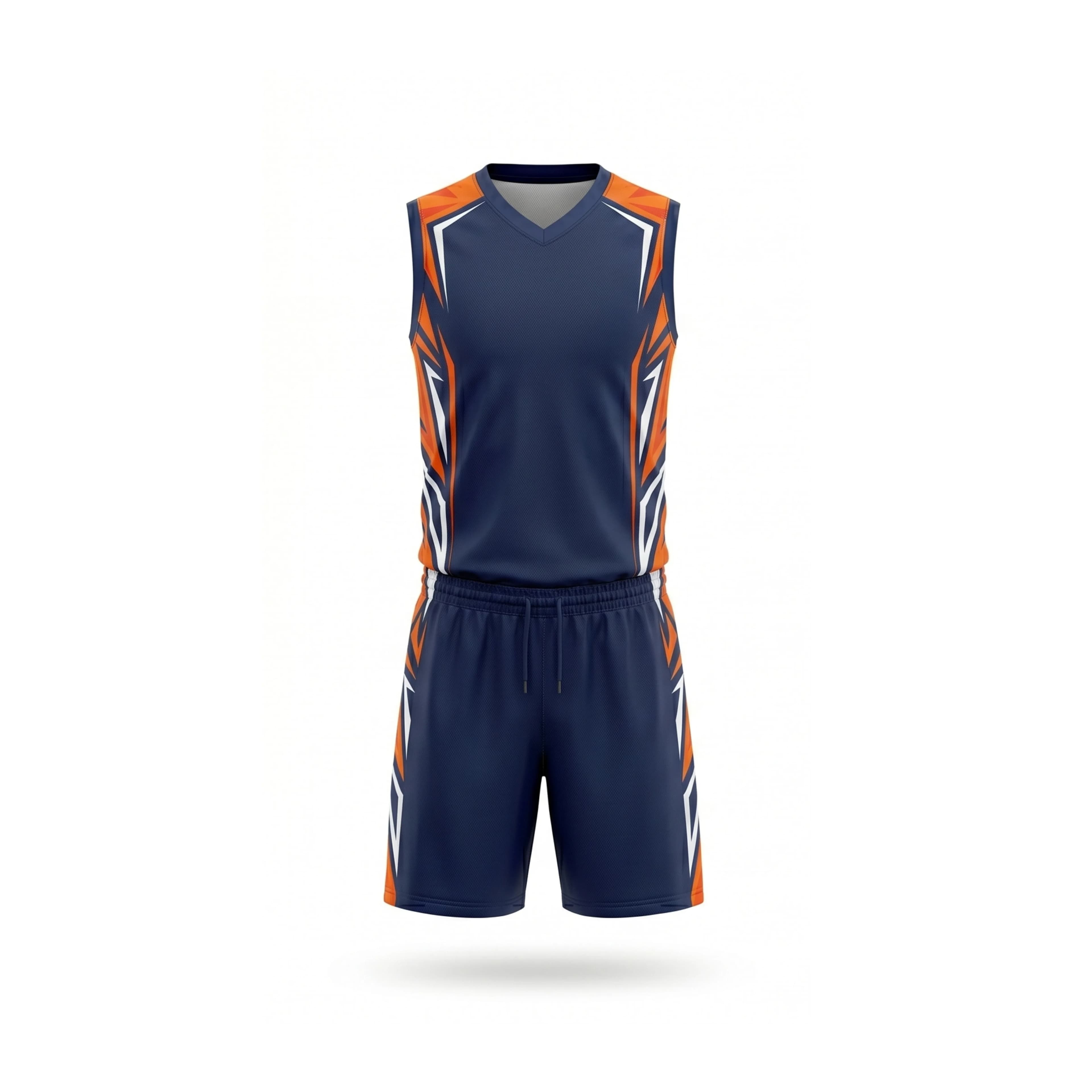 Navy Blue, Orange, and White Volleyball Uniform with Side Stripes