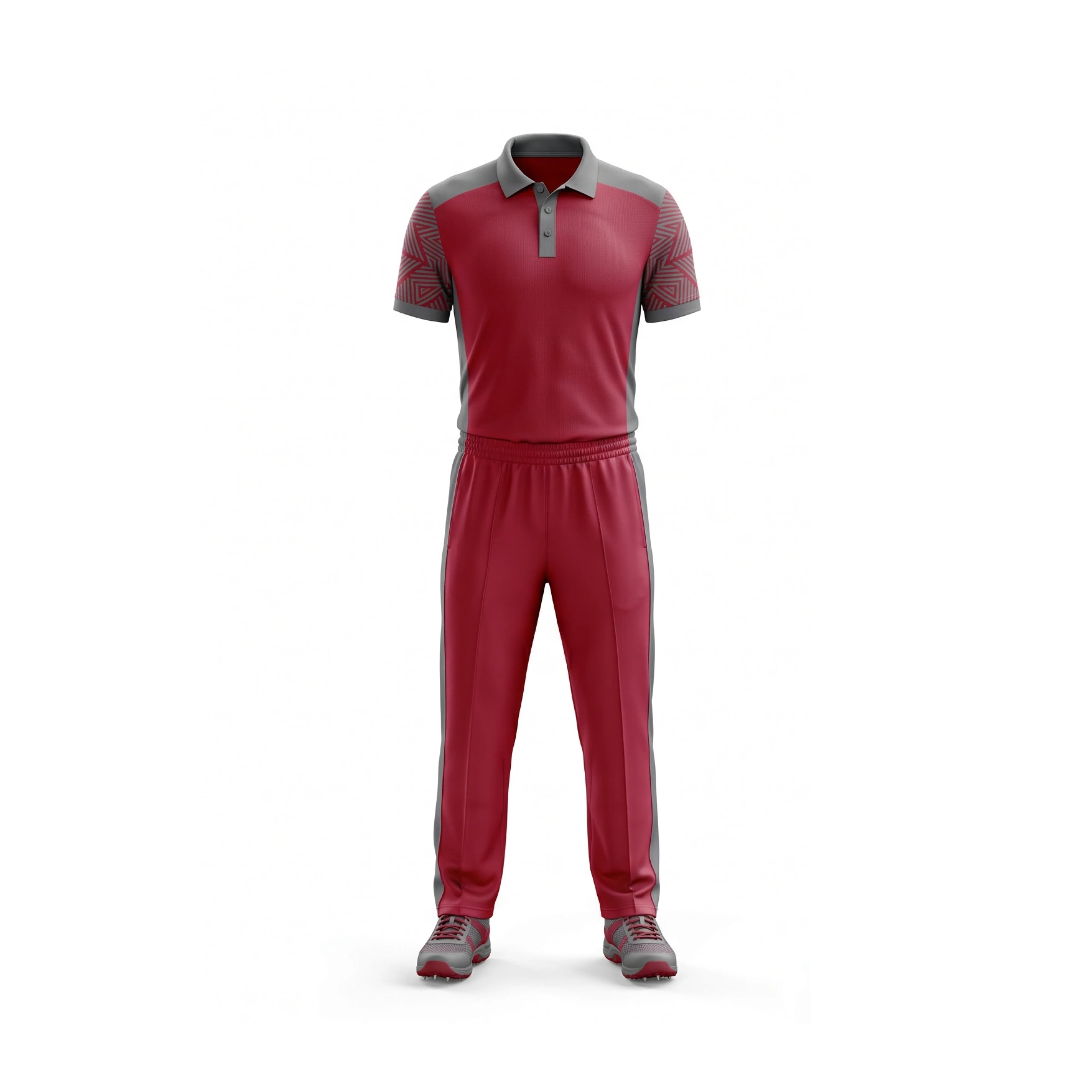 Dark Red & Grey Patterned Cricket Polo & Track Pants Set