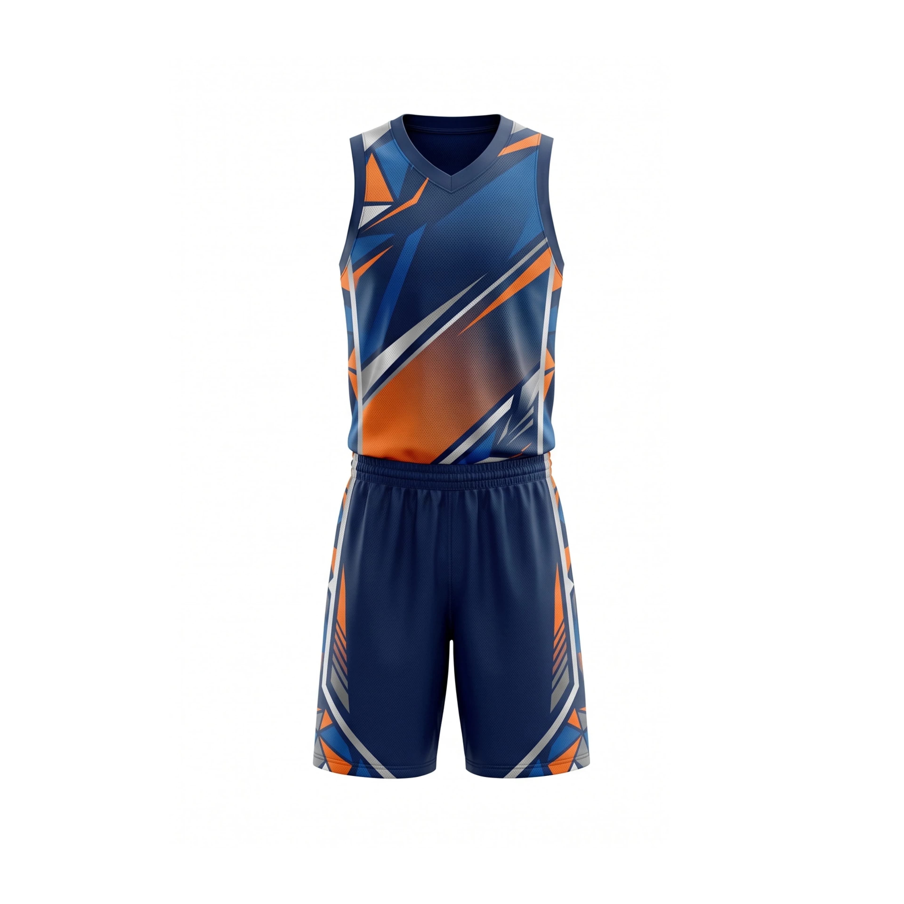 Navy Blue, Orange, and Grey Geometric Basketball Uniform Set