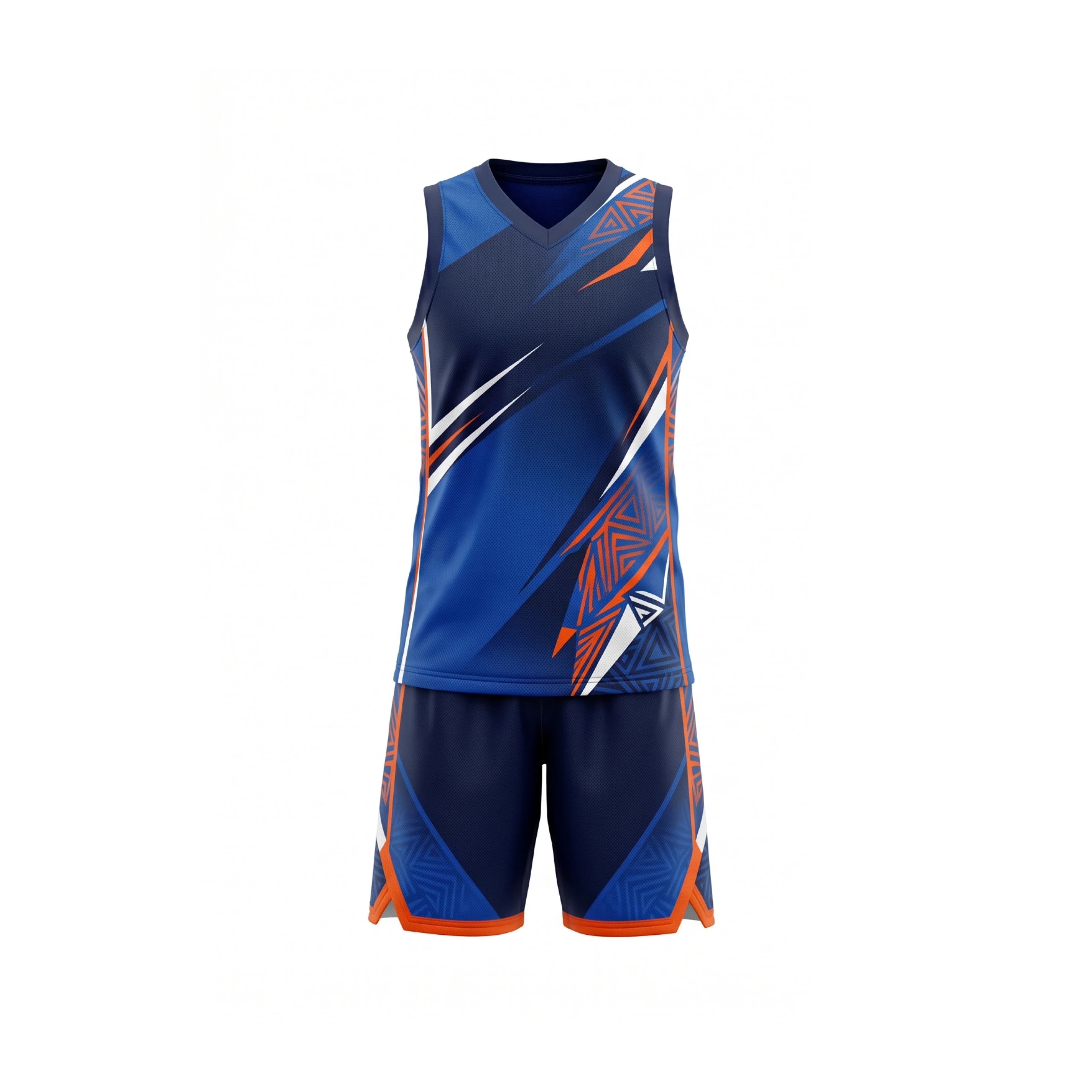 Navy Blue, Orange, and White Geometric Basketball Uniform Set
