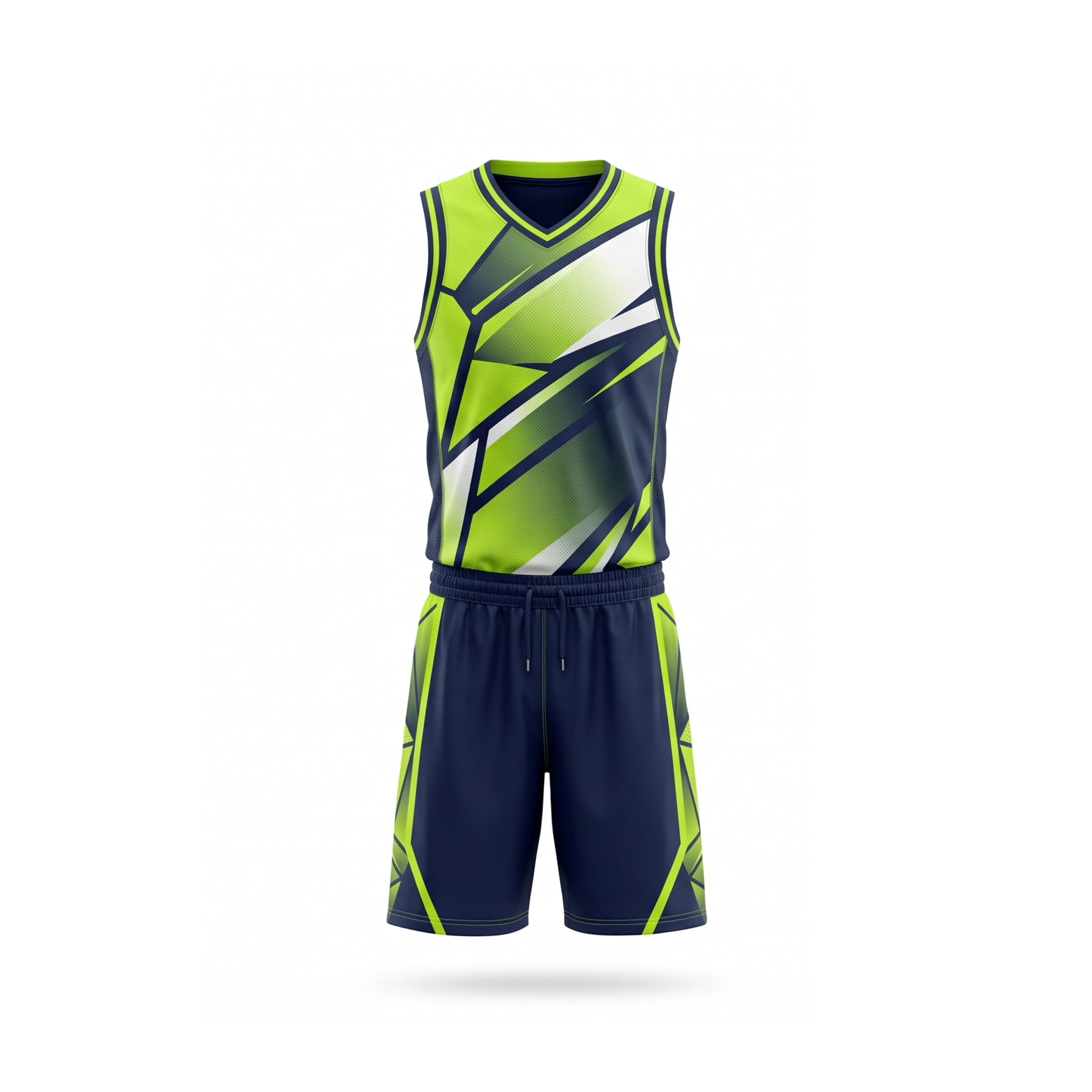 Vibrant Geometric Green & Navy Basketball Jersey and Shorts Set