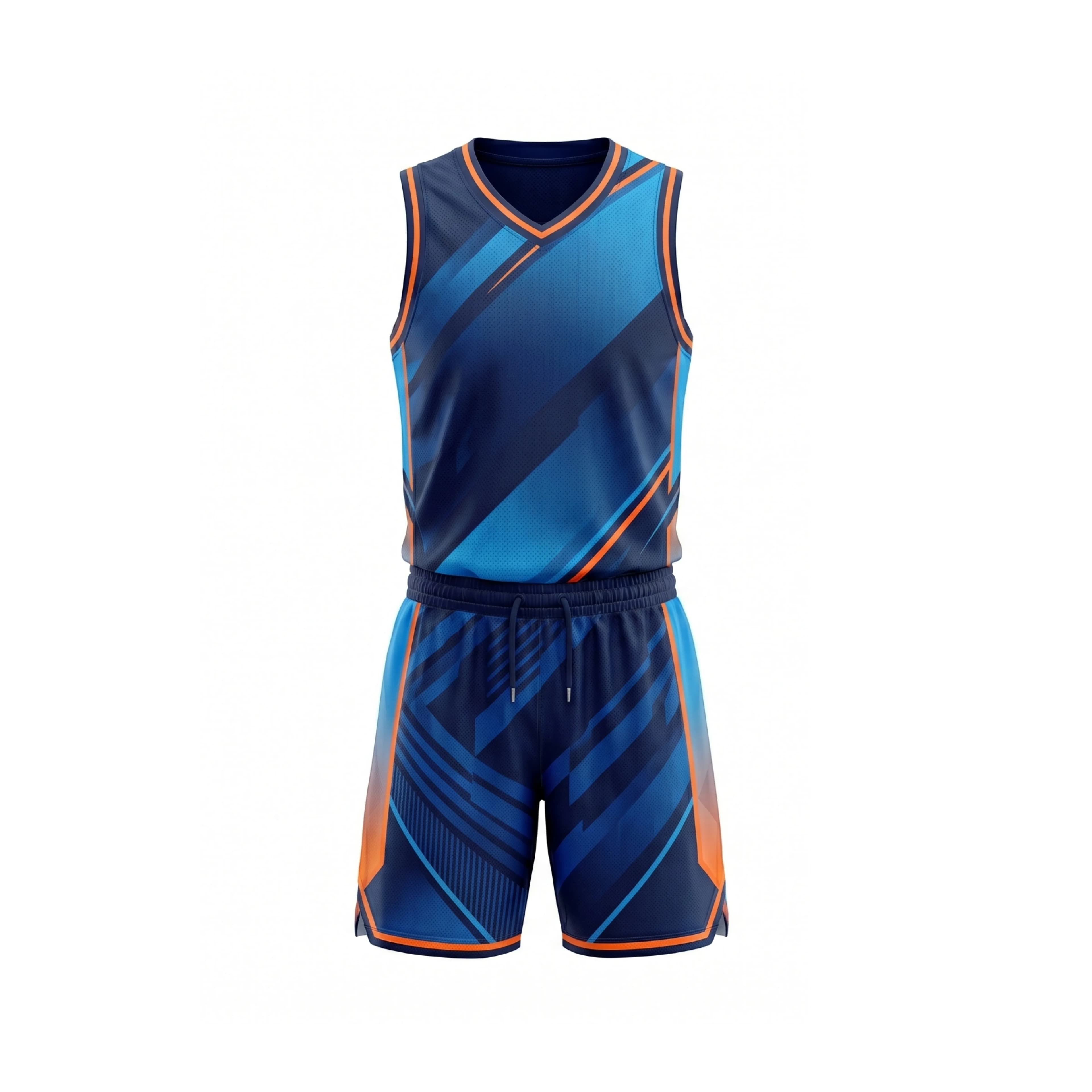 Navy & Orange Geometric Pattern Basketball Jersey & Shorts Set