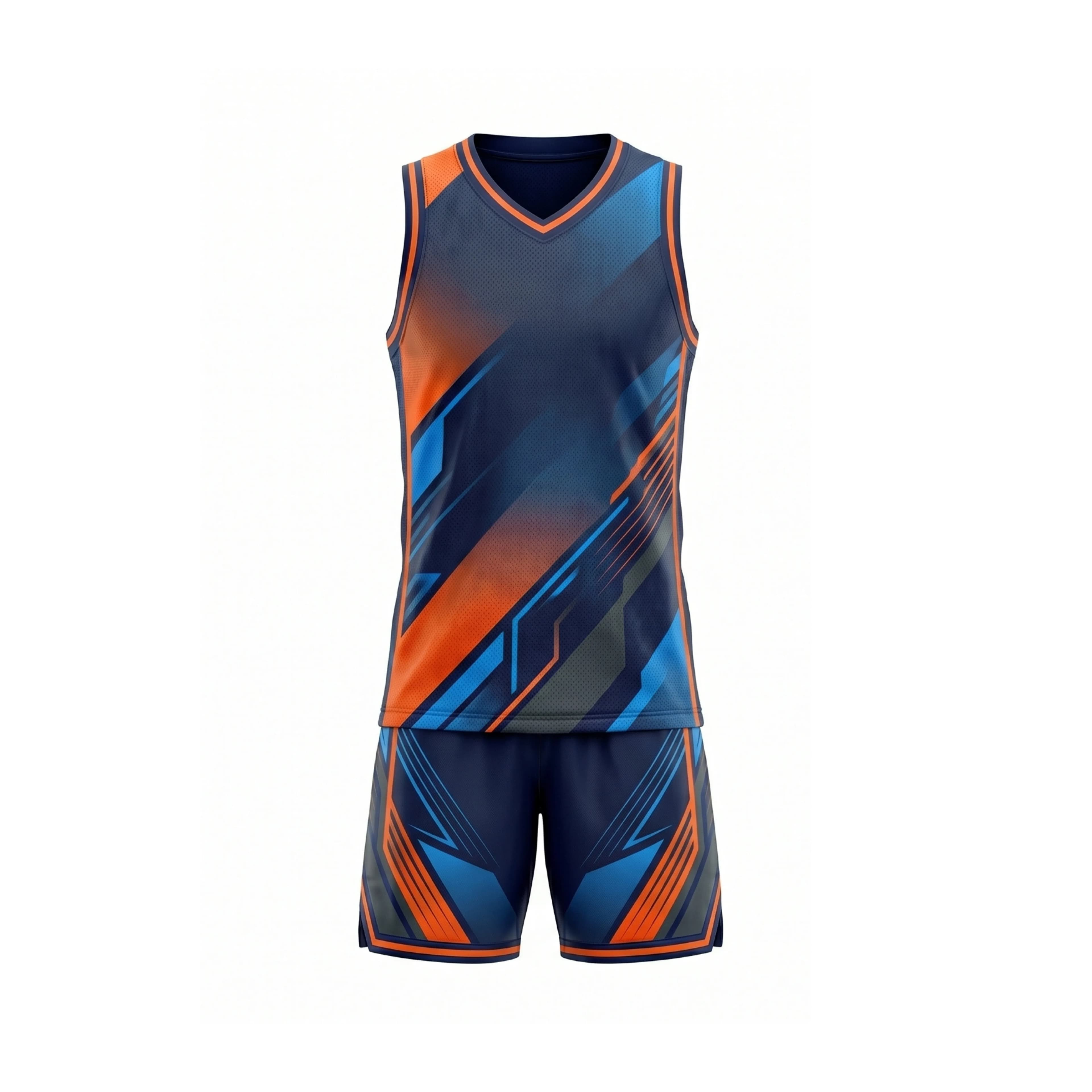 Navy Orange Blue Fragmented Geometric Basketball Uniform Set