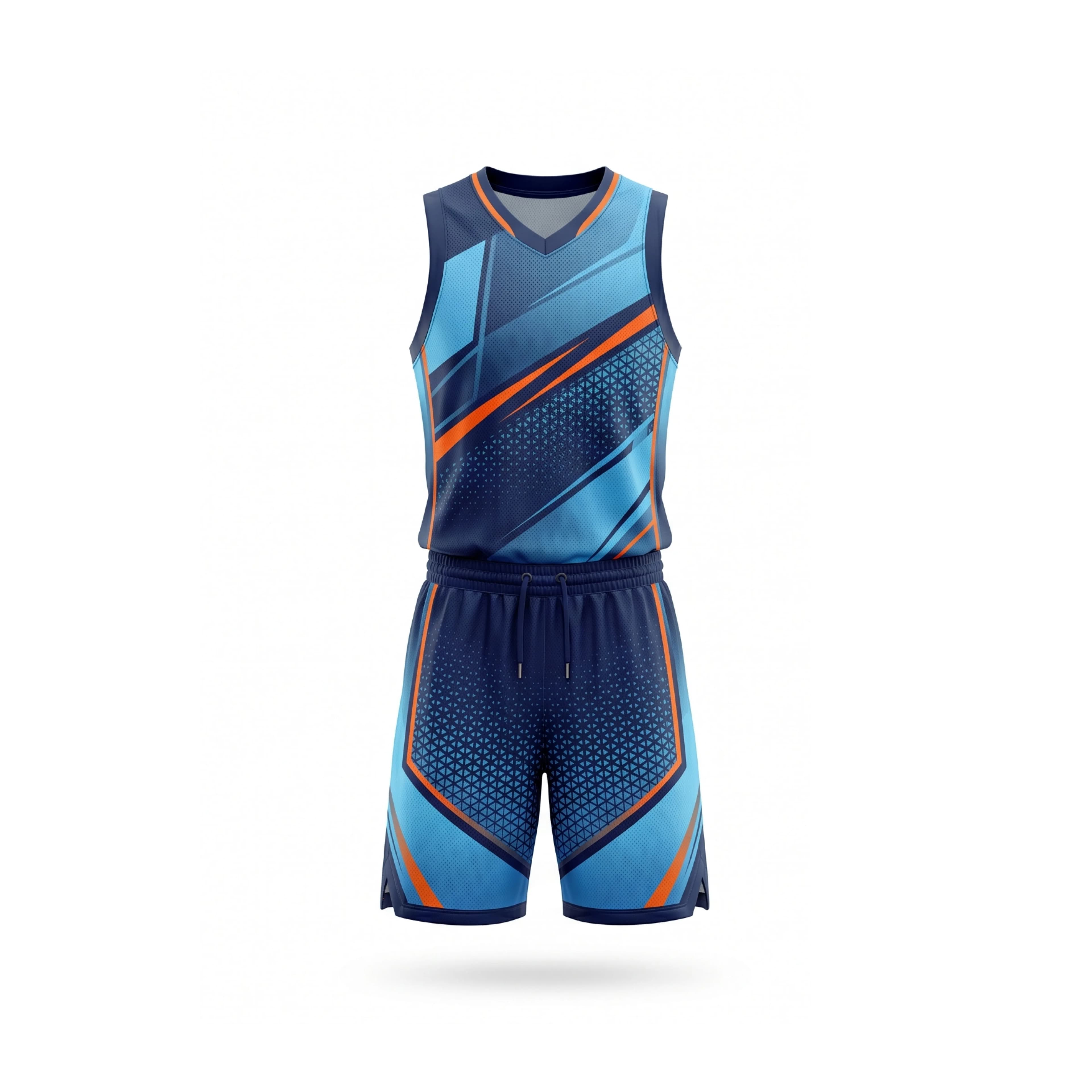Dark & Light Blue Geometric Basketball Uniform Set with Orange Accents