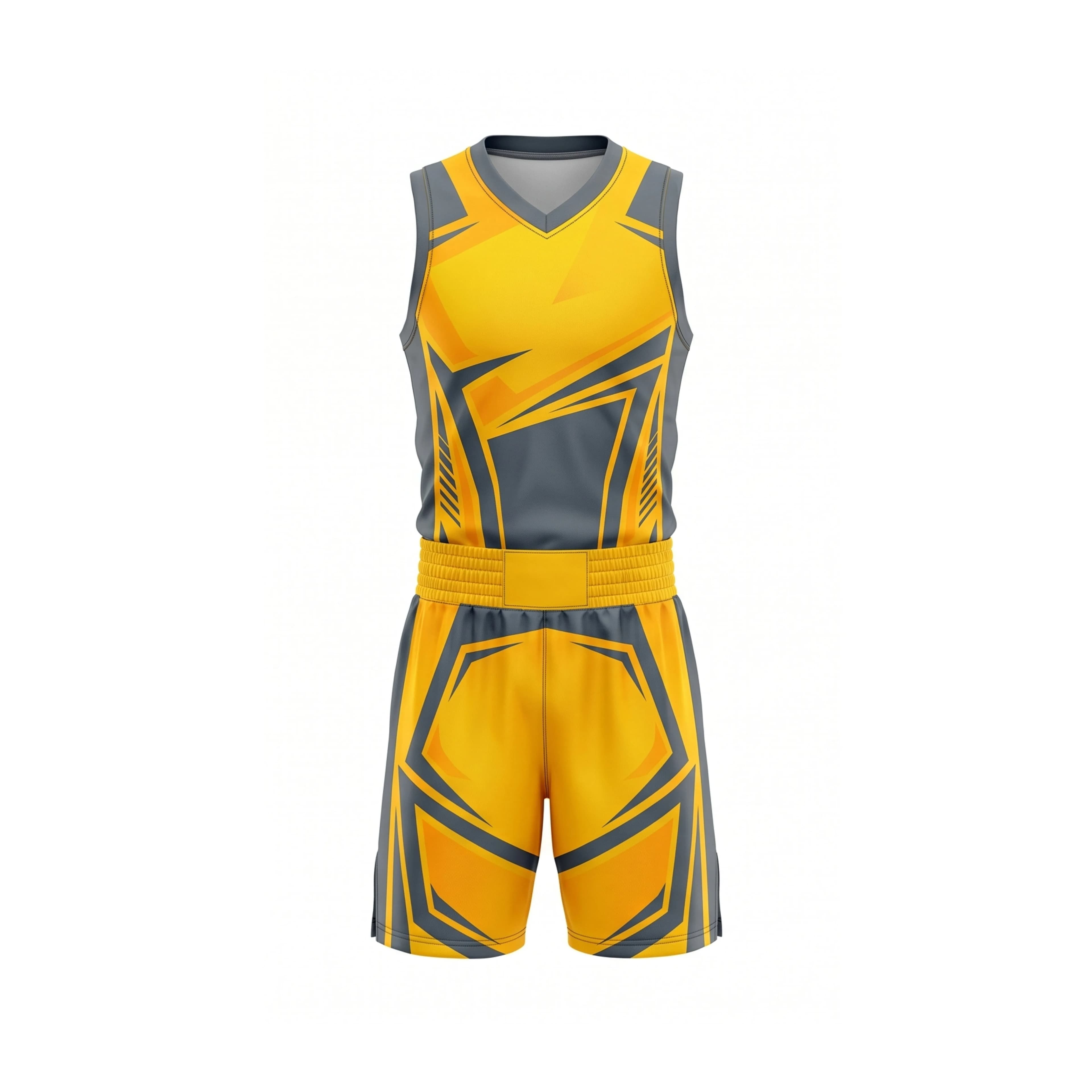 Dynamic Yellow & Grey Geometric Pattern Basketball Uniform Set