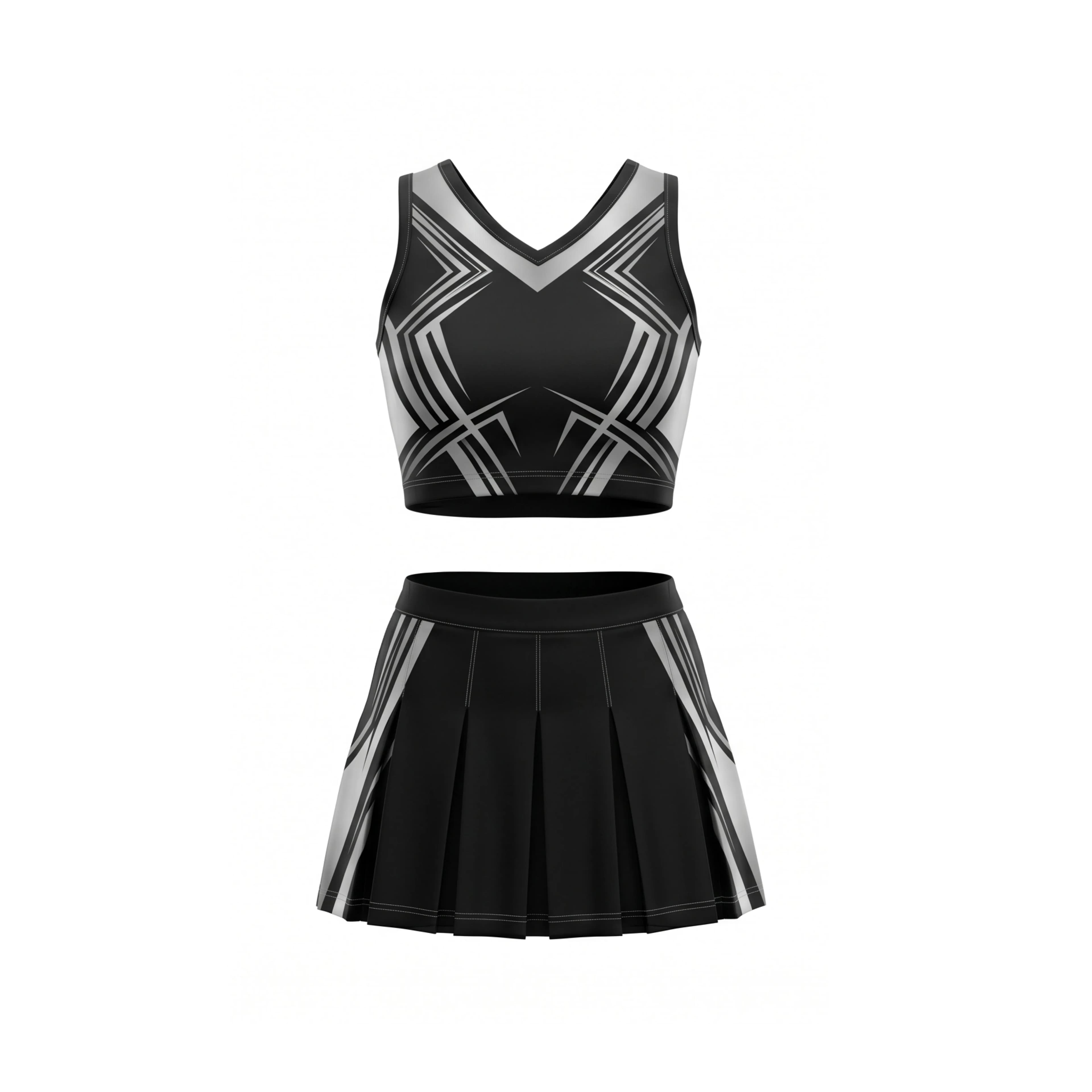 Black & Silver Geometric Abstract Cheer Crop Top & Pleated Skirt Set