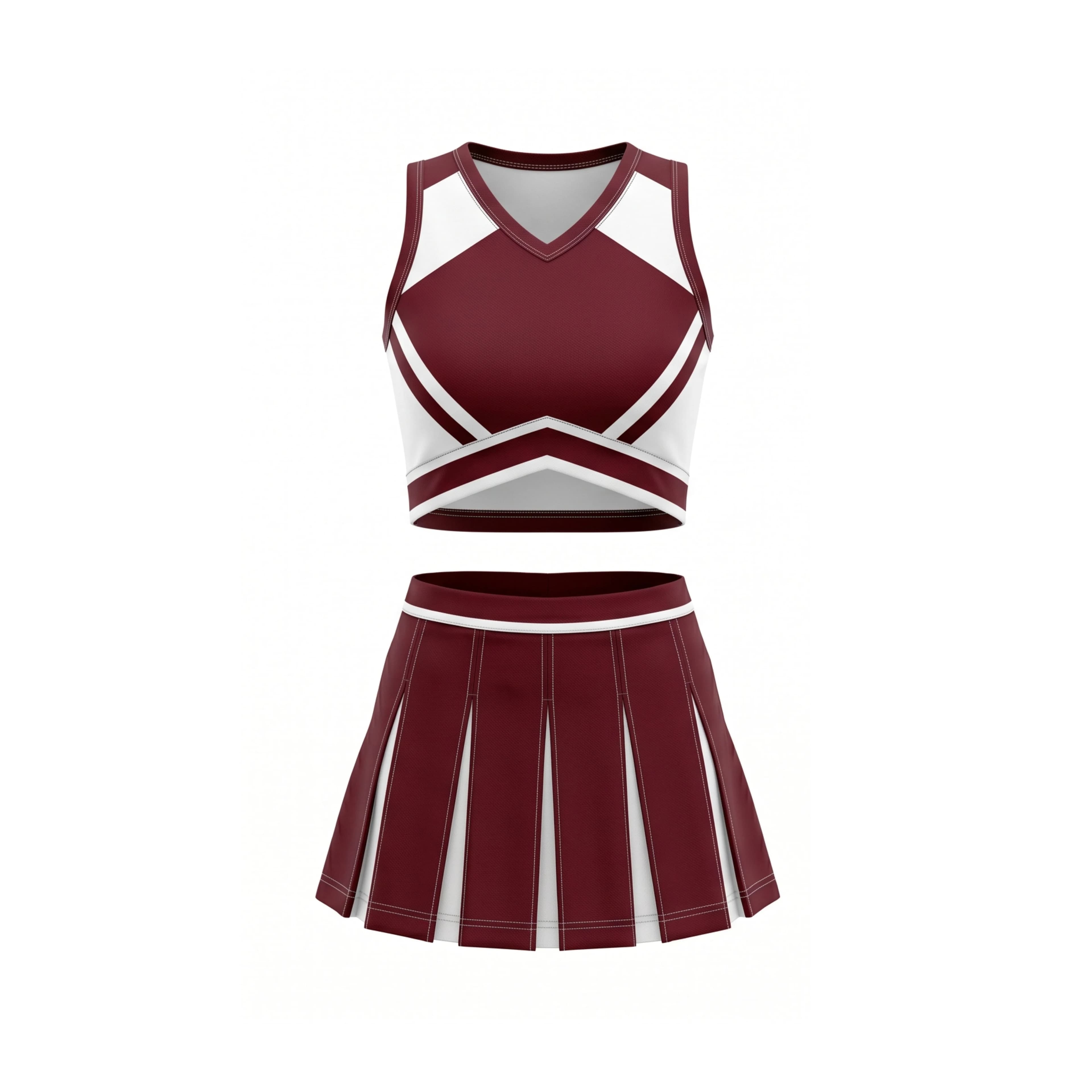 Maroon and White V-Neck Cheer Crop Top and Pleated Skirt Set