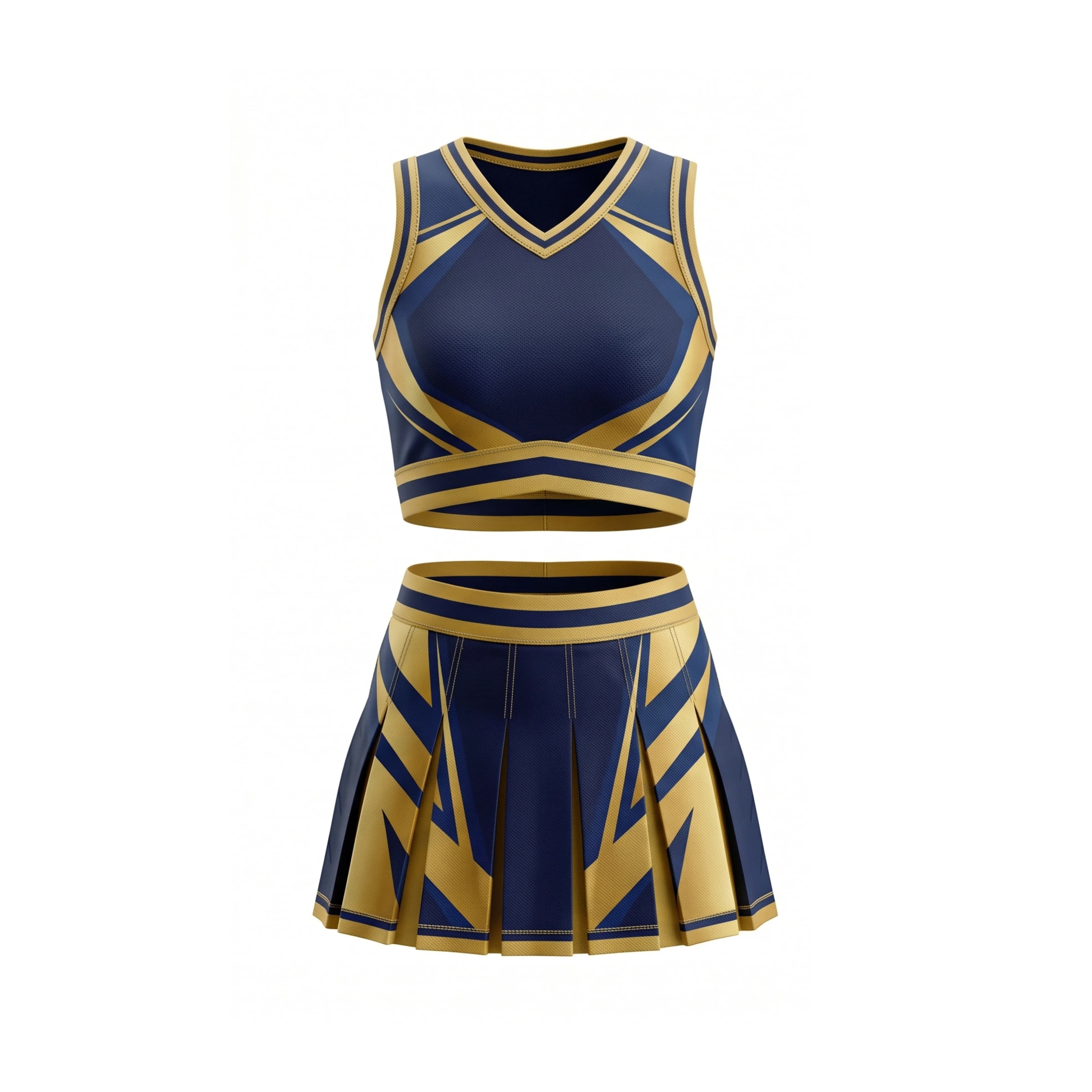 Navy Gold Geometric Cheer Uniform Set - V-Neck Crop Top & Pleated Skirt