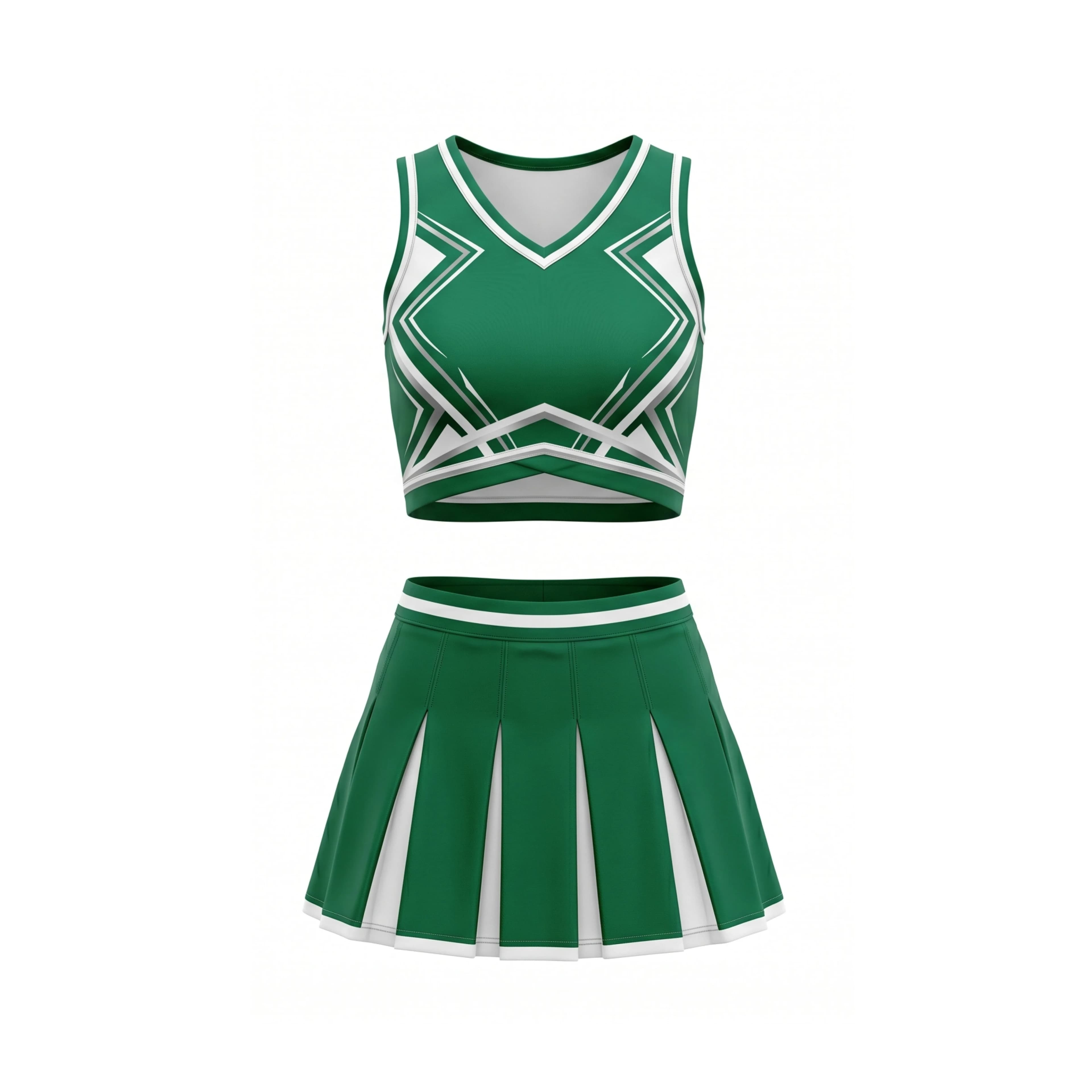 Green & White Geometric V-Neck Cheer Crop Top & Pleated Skirt Set