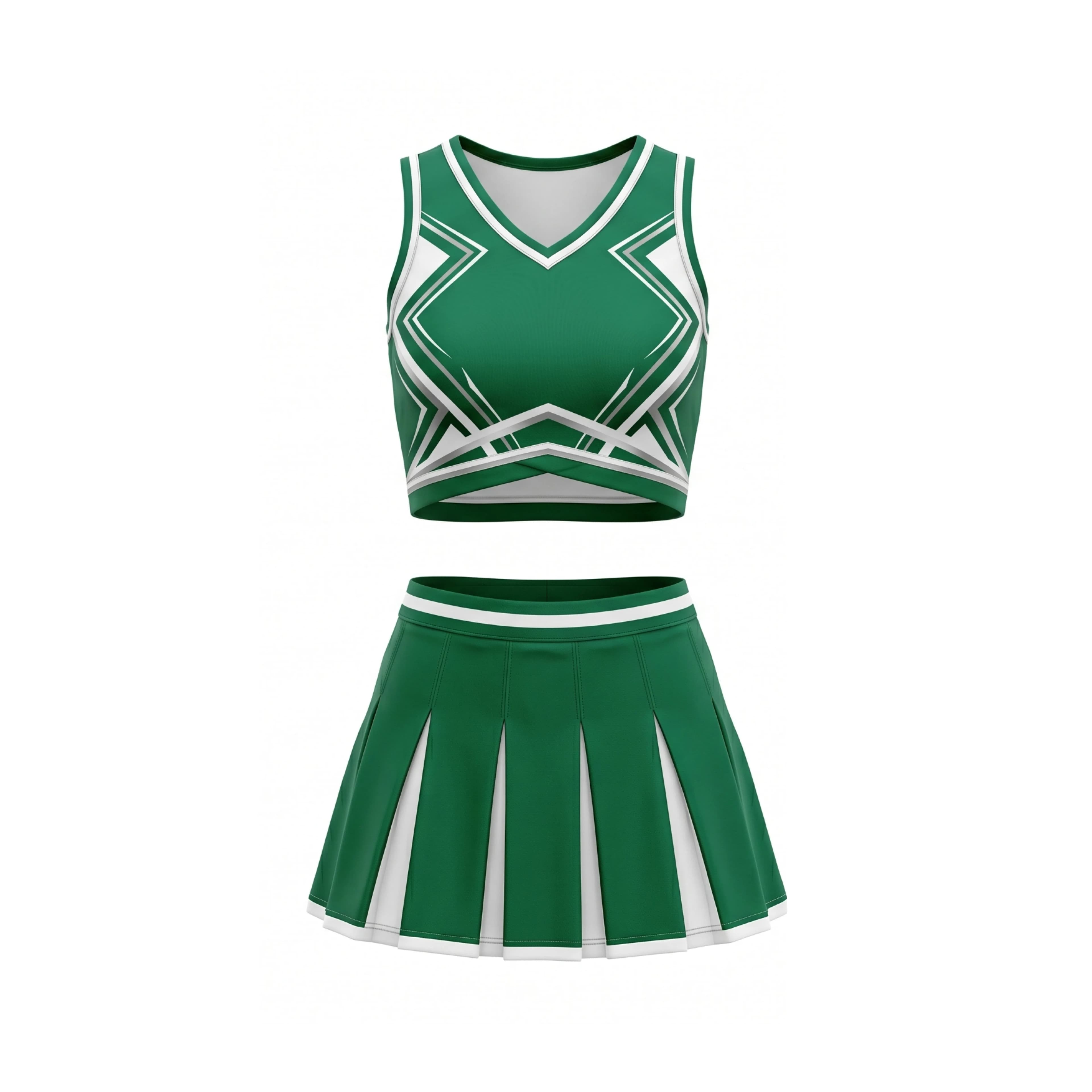 Emerald Green & White Geometric V-Neck Cheer Crop Top and Pleated Skirt Set
