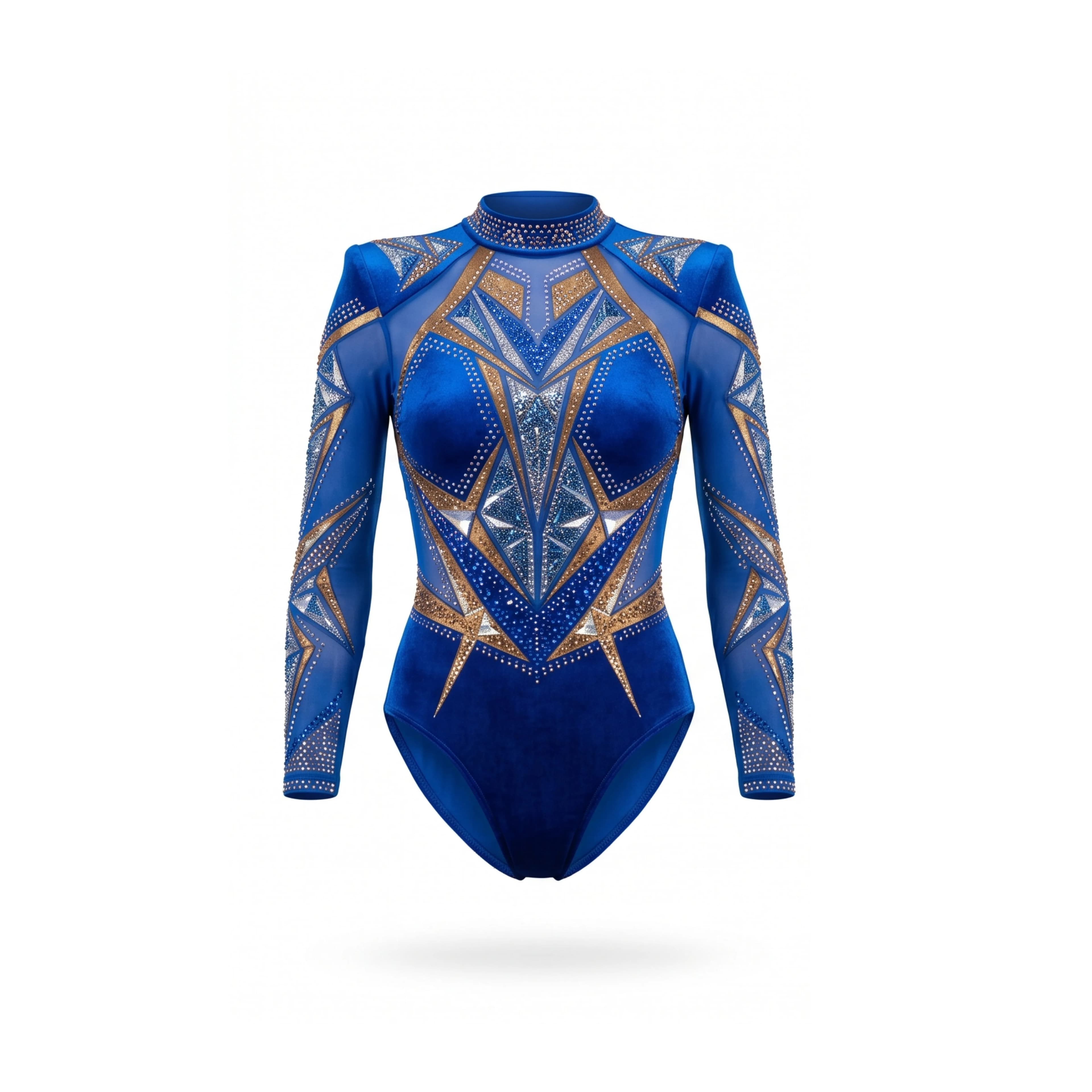 Royal Blue Long Sleeve Gymnastics Leotard with Geometric Rhinestones