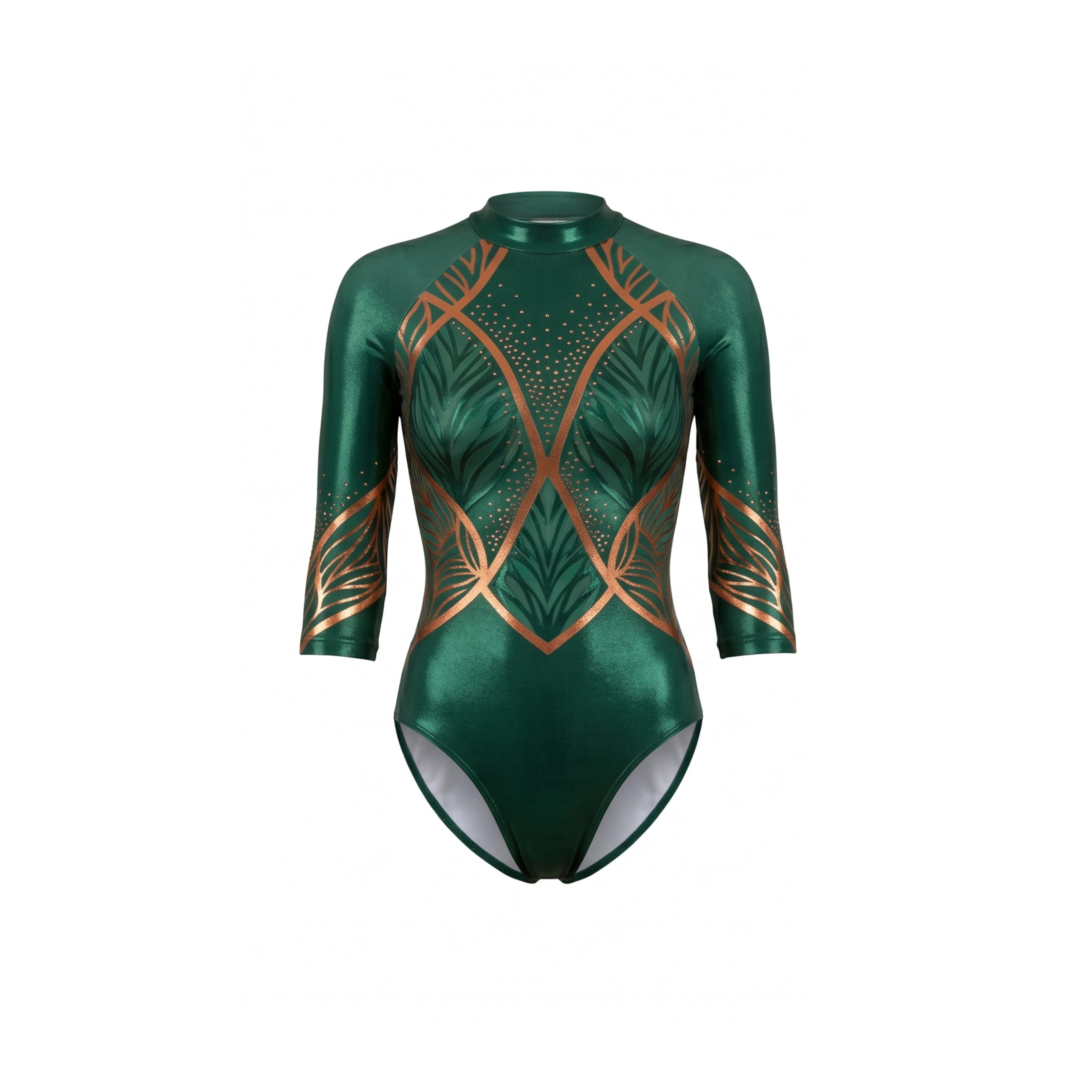 Emerald Green Gymnastics Leotard with Gold Leaf Pattern & Keyhole Back