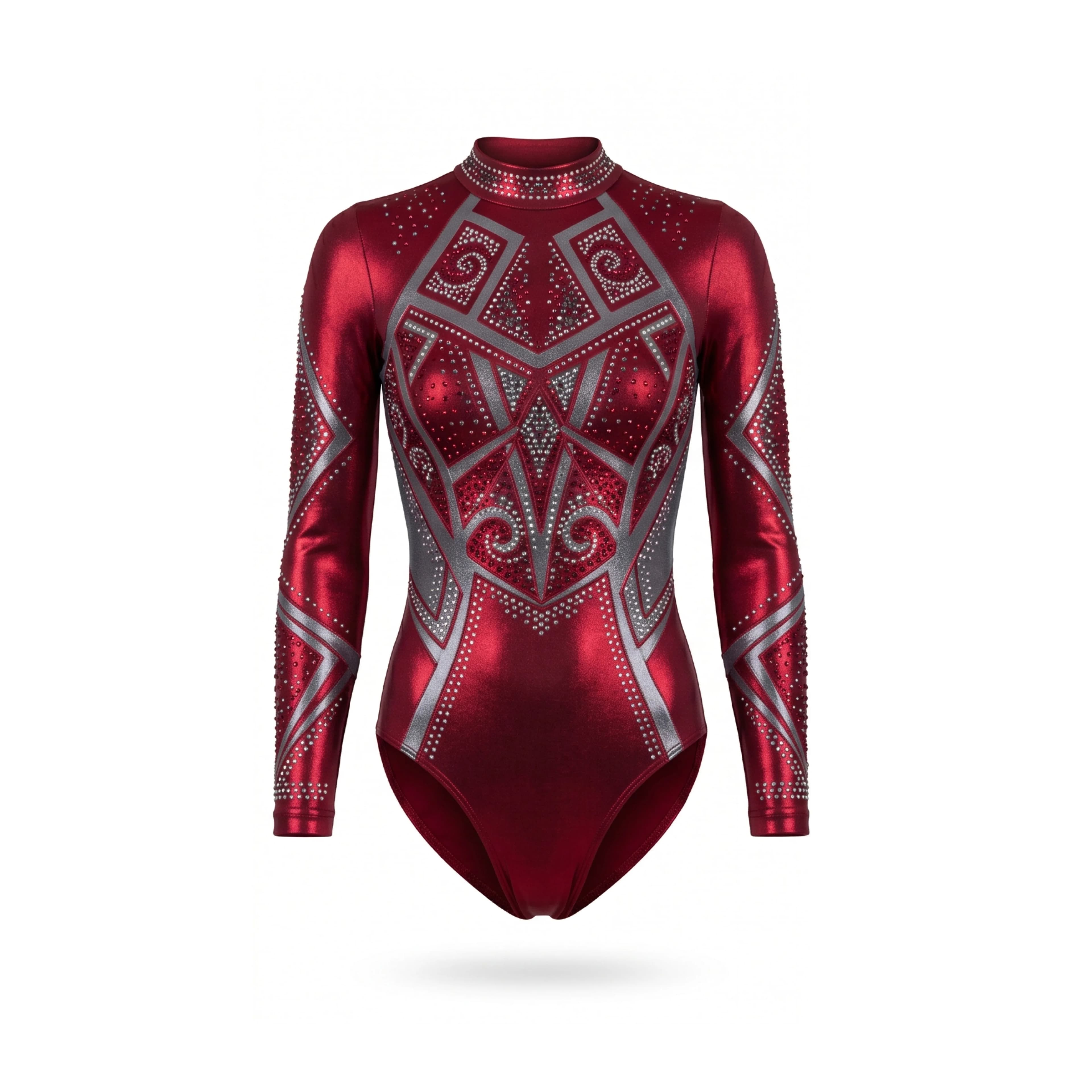 Deep Red Metallic Long-Sleeve Gymnastics Leotard with Silver Rhinestone Pattern