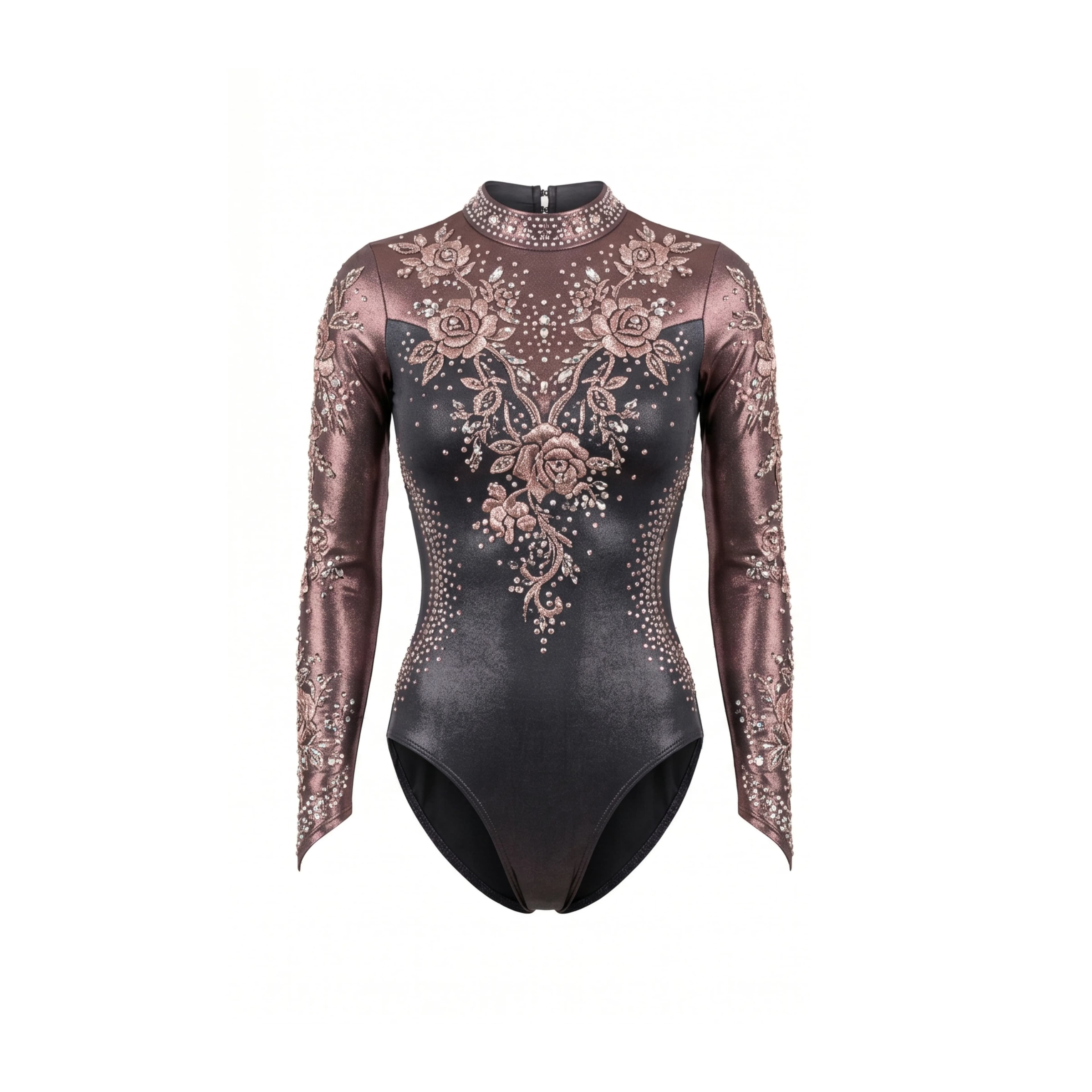 Rose Gold Ombre Long Sleeve Gymnastics Leotard with Floral Bling