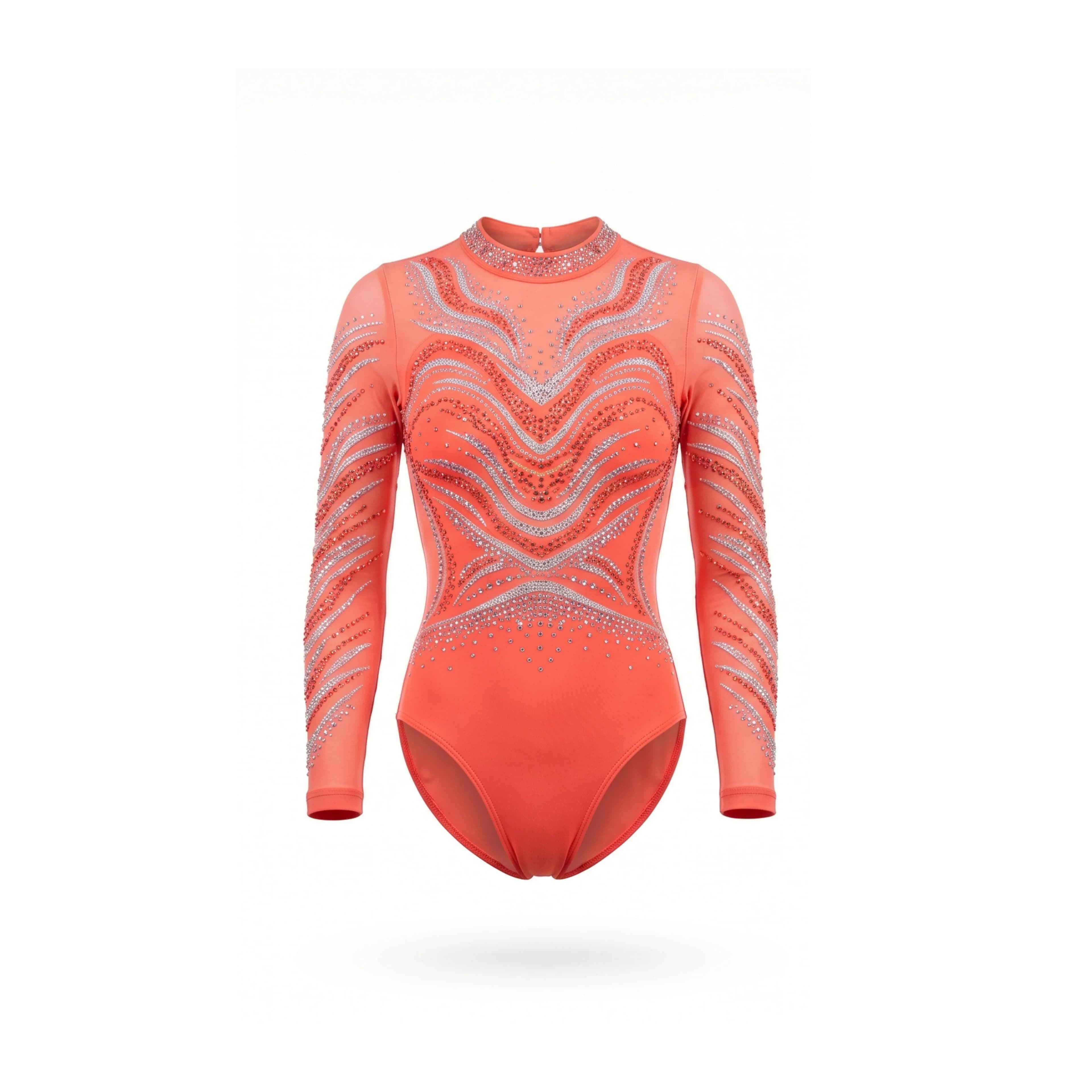 Coral Embellished Rhythmic Gymnastics Leotard with Keyhole Back