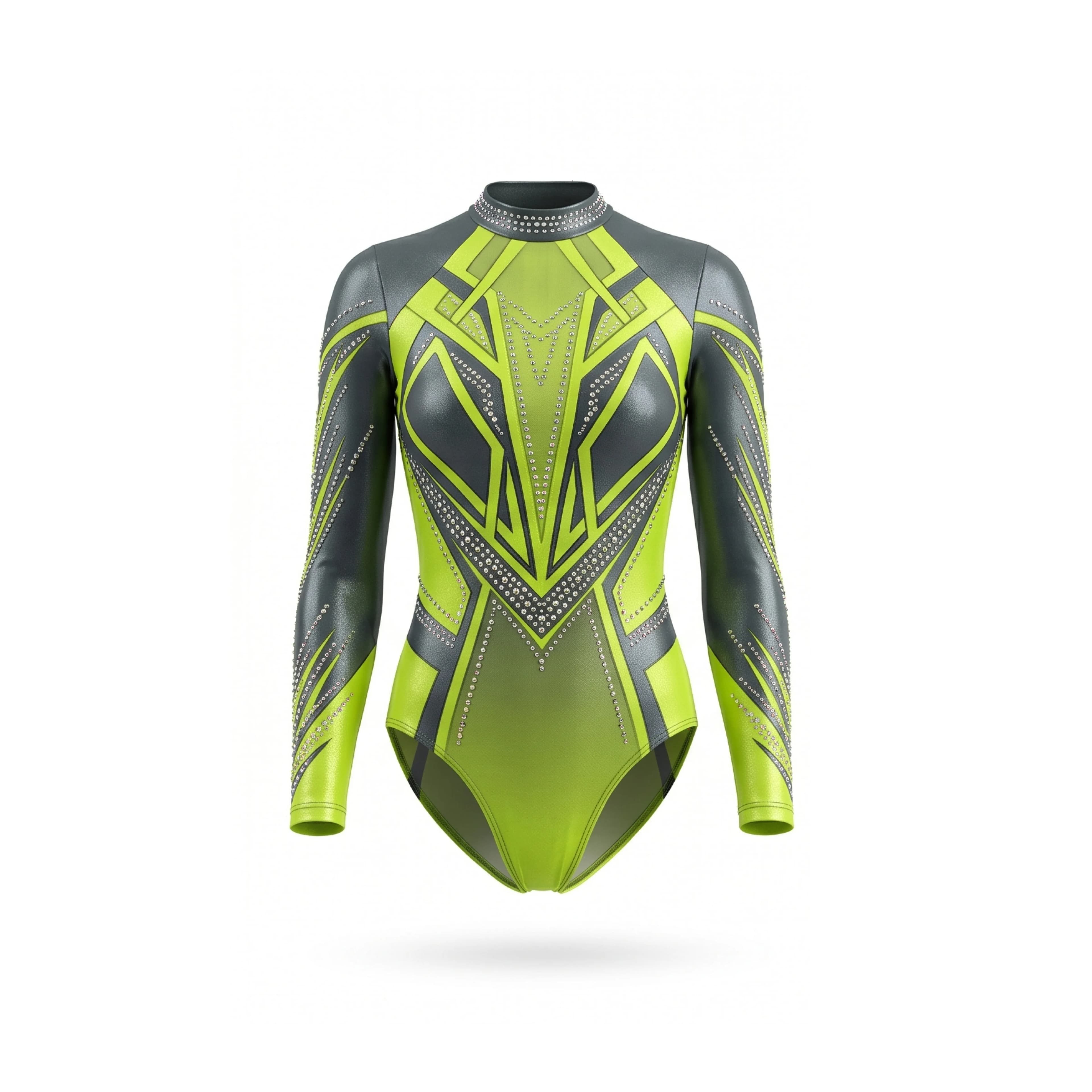Lime Green & Anthracite Geometric Pattern Long Sleeve Gymnastics Leotard