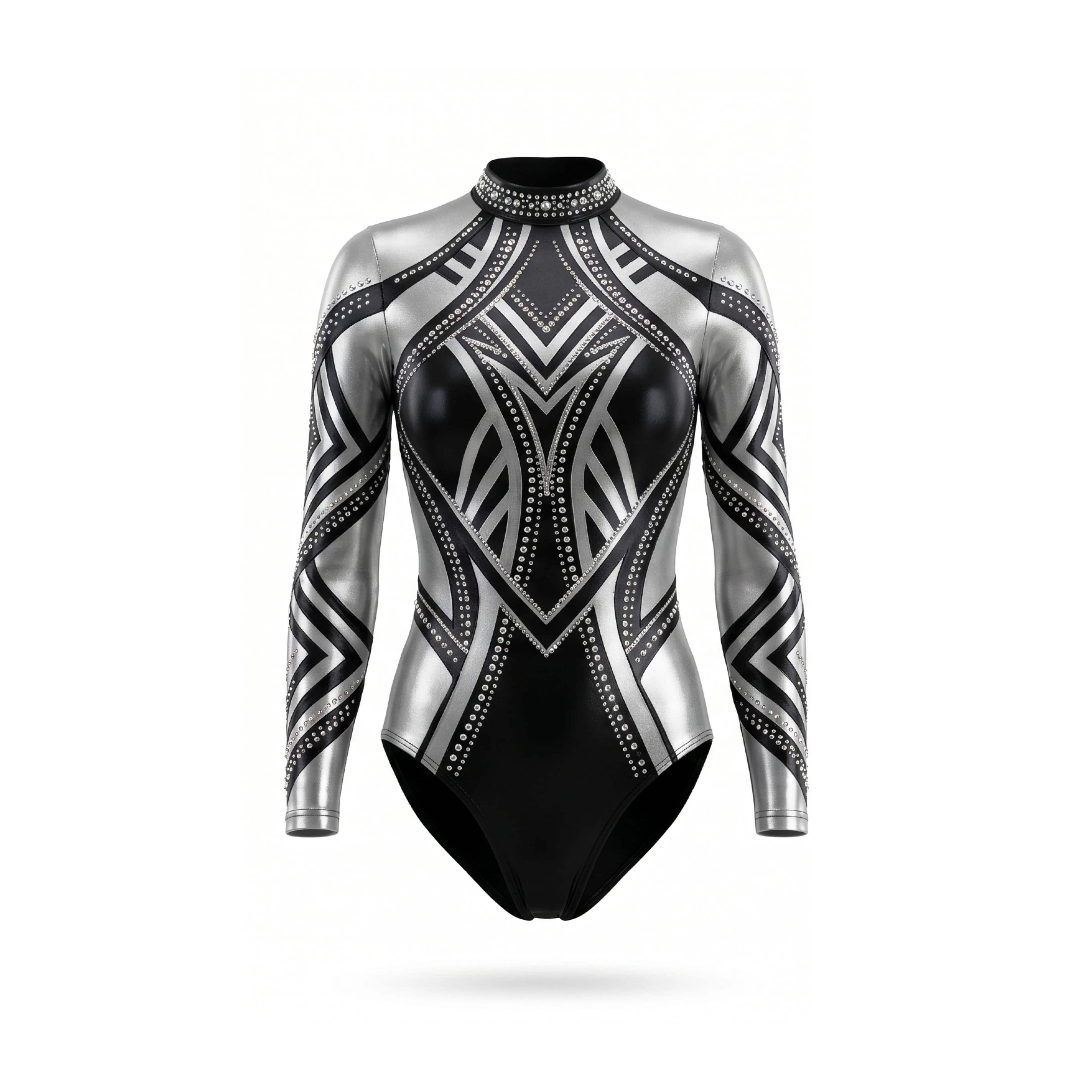 Shiny Black and Silver High-Neck Gymnastics Leotard with Geometric Pattern