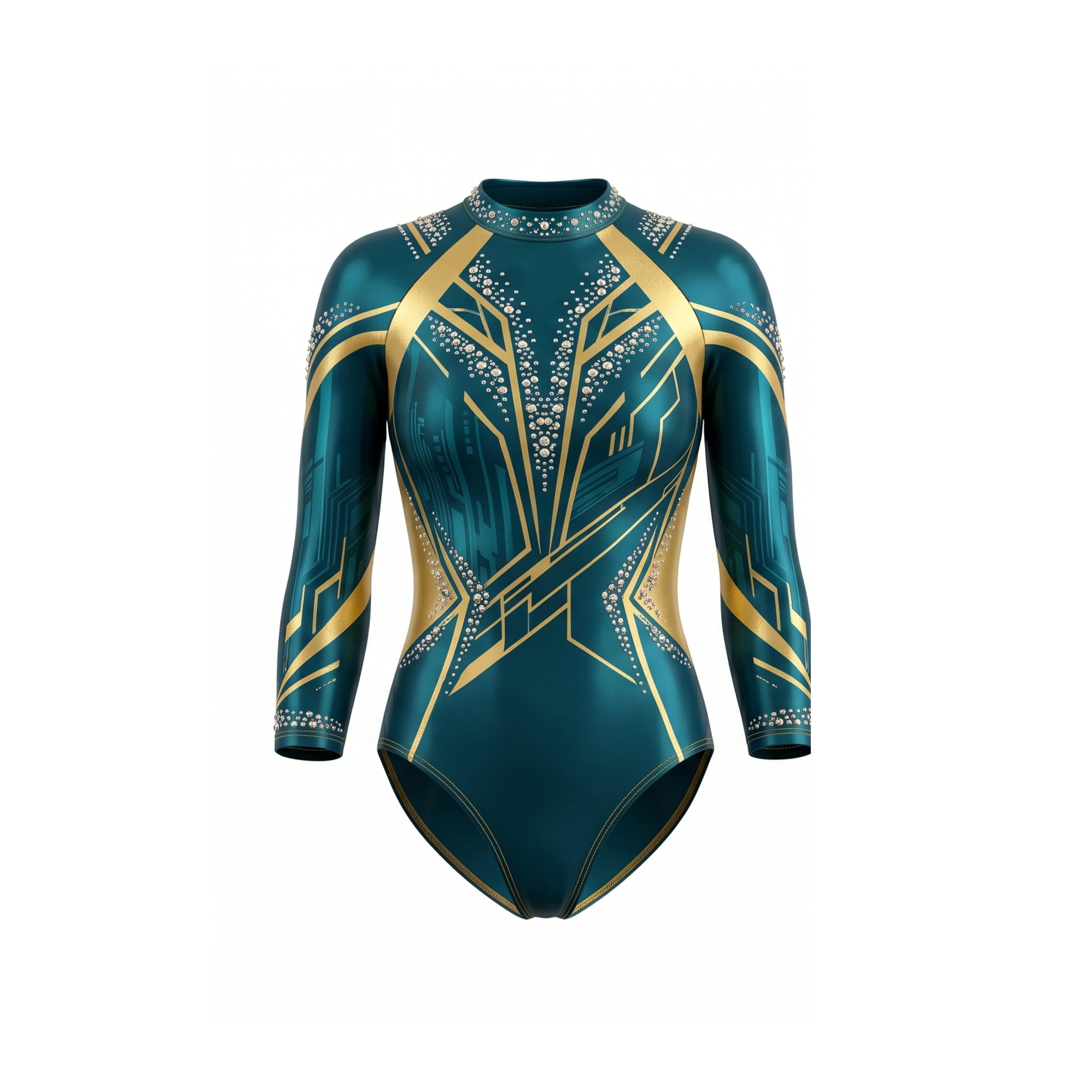 Emerald Green Gold Geometric Gymnastics Leotard with Rhinestones