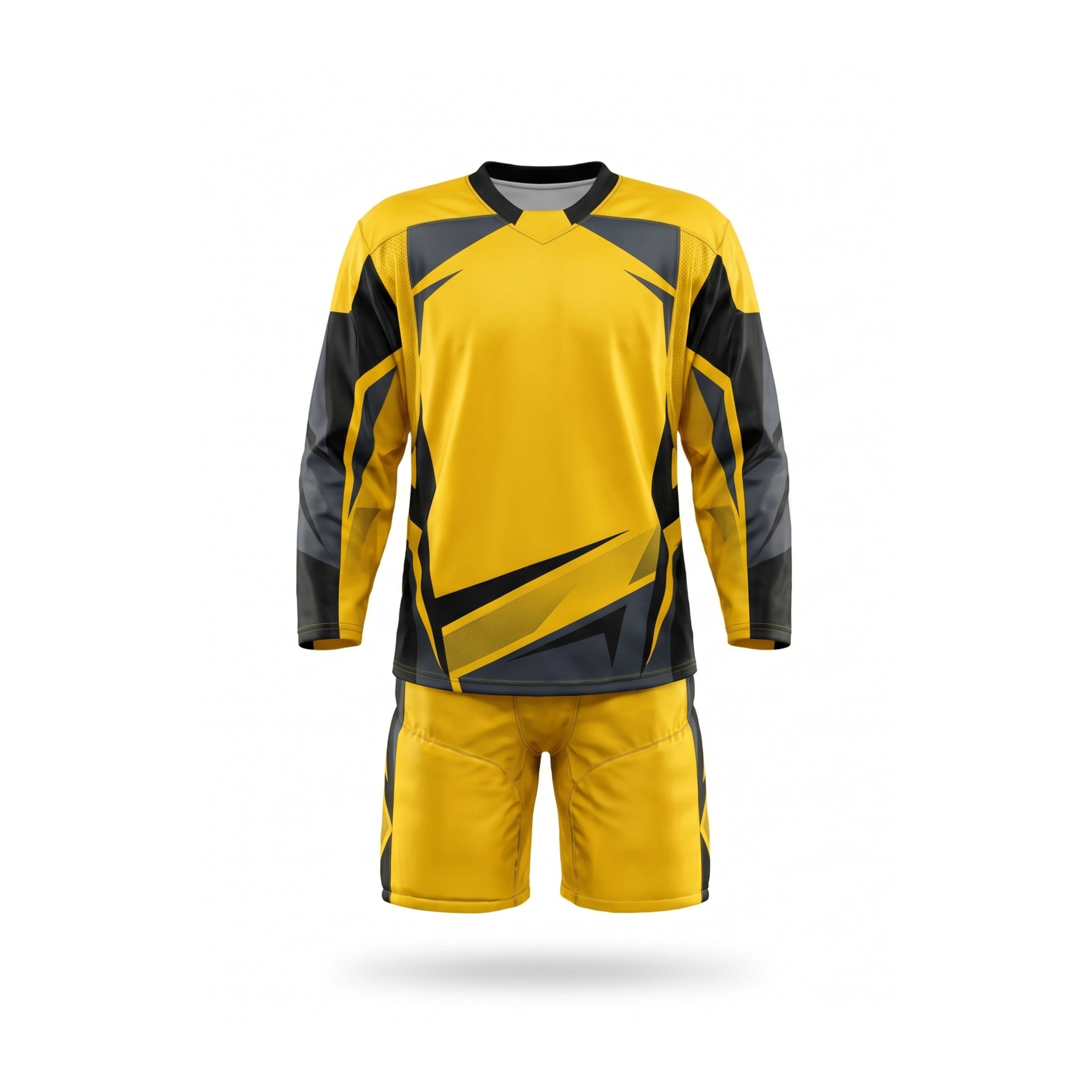 Yellow & Black Ice Hockey Jersey & Shorts Set with Gray Accents