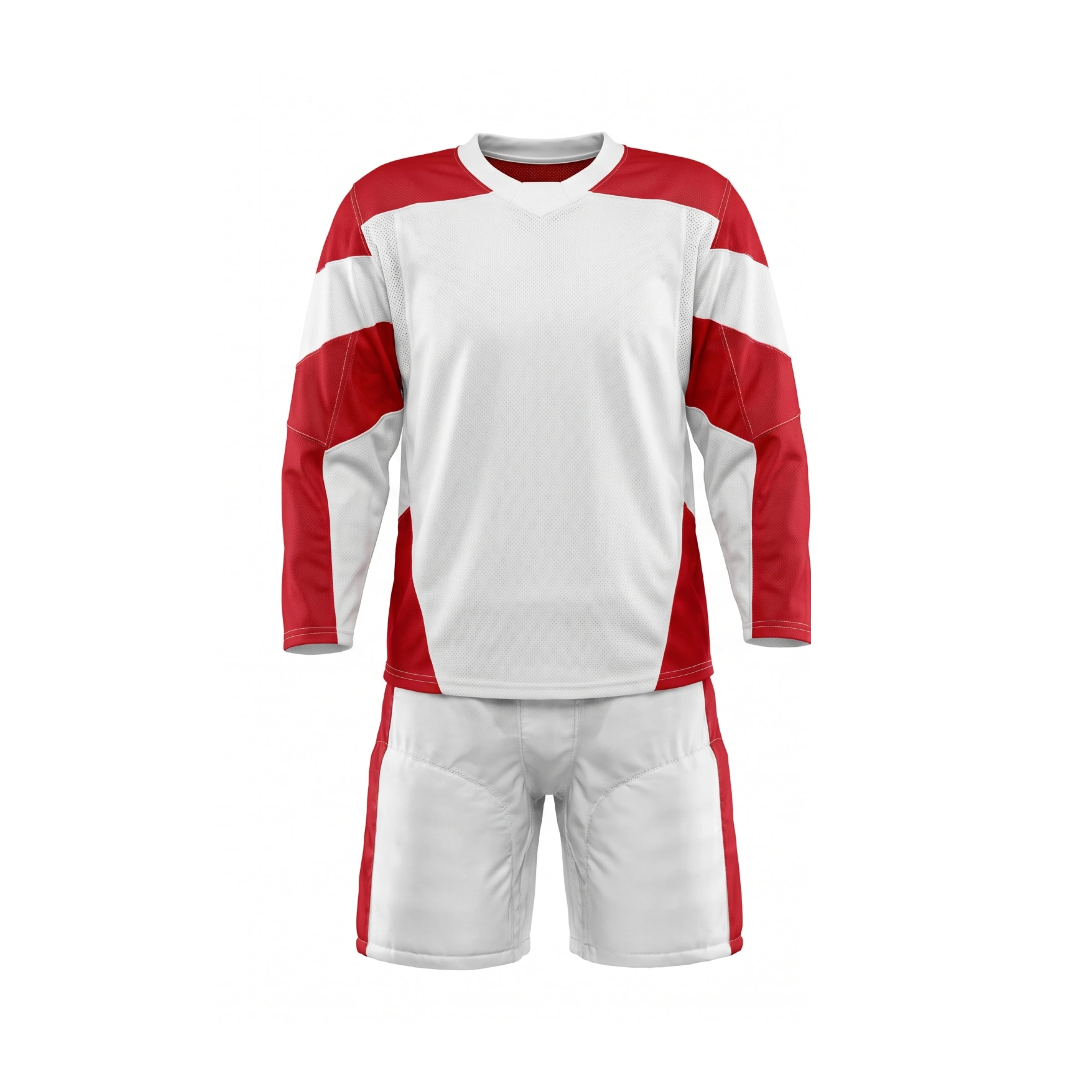 Red & White Ice Hockey Jersey and Shorts Set with Striped Sleeves