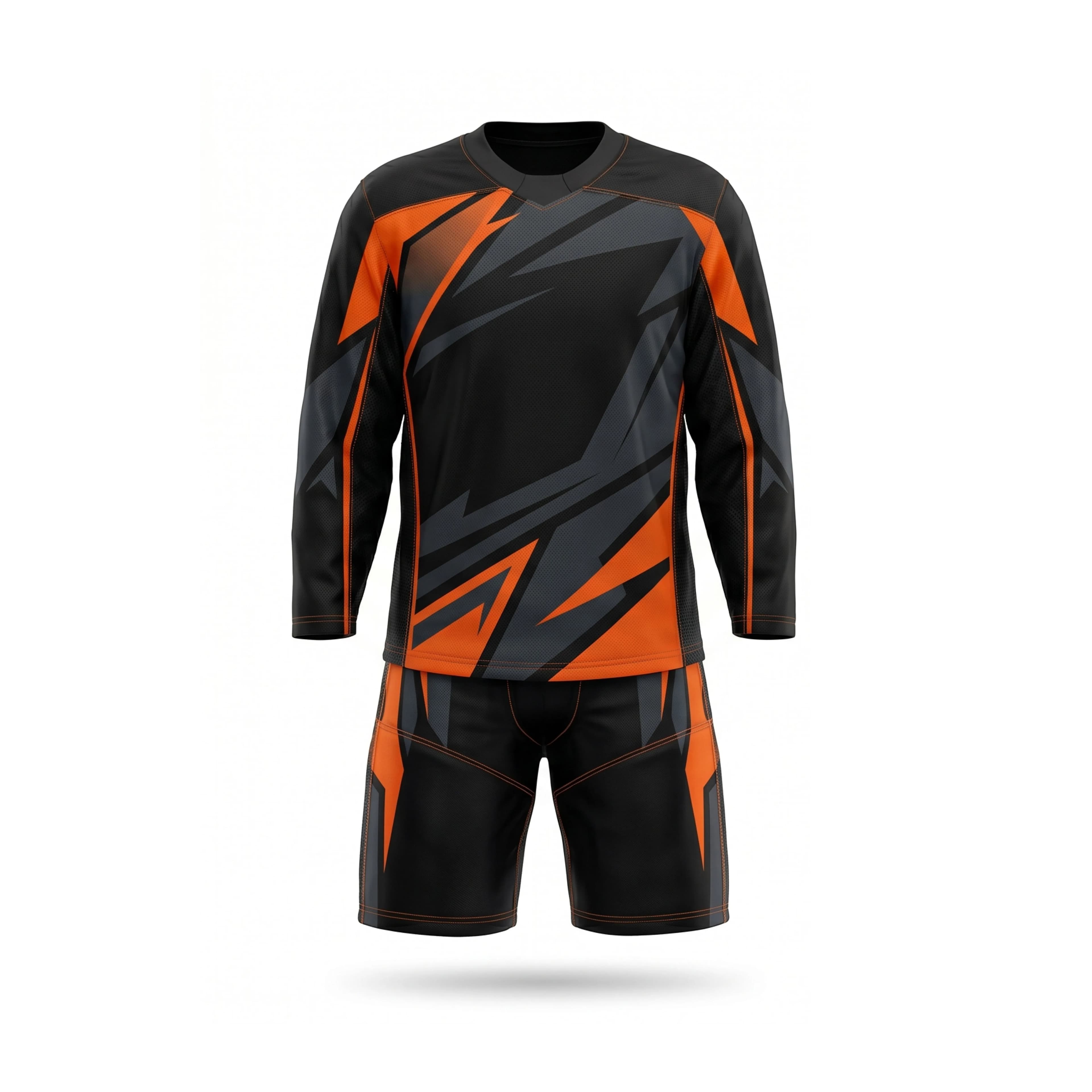 Black & Orange Abstract Ice Hockey Jersey & Shorts Set