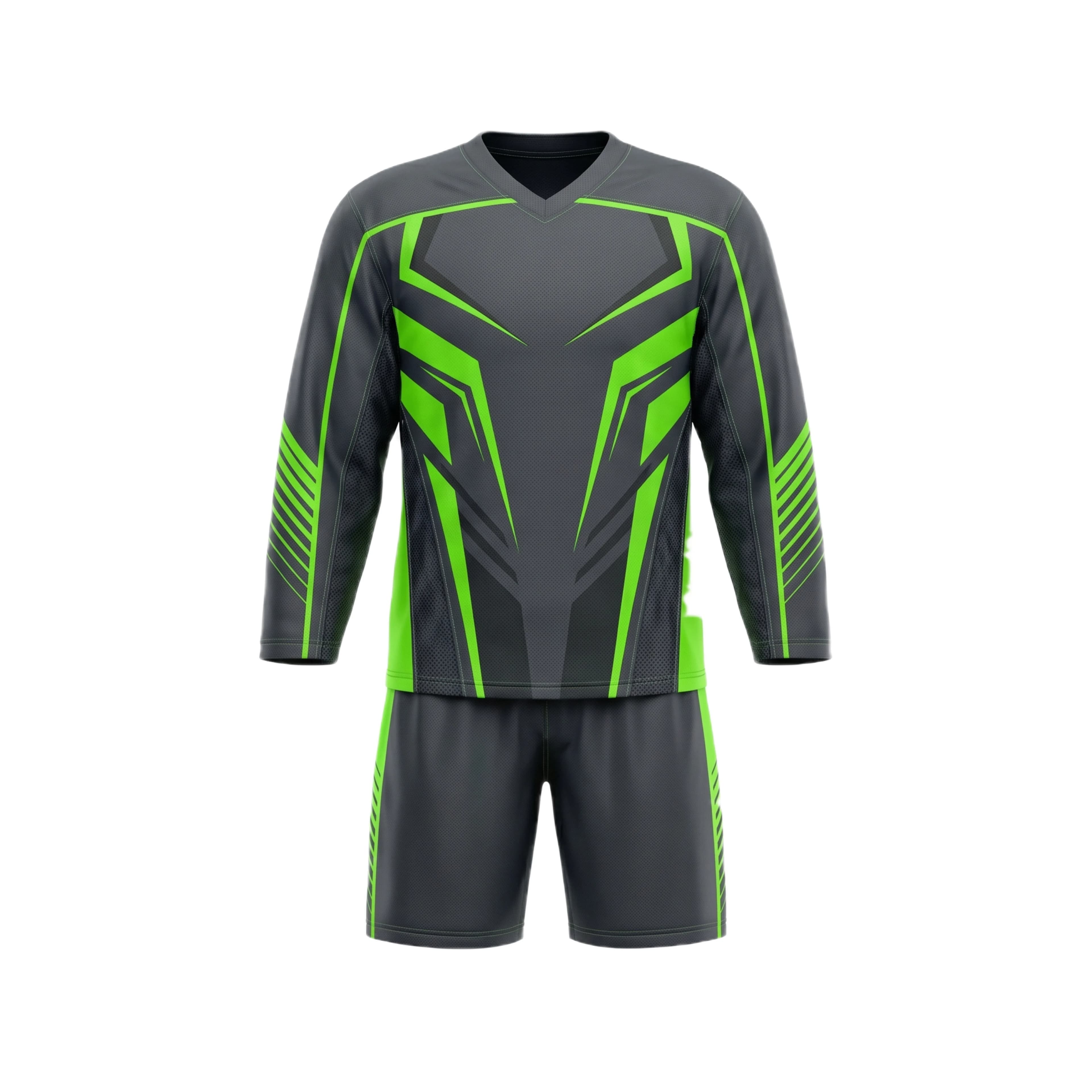Grey & Neon Green Ice Hockey Jersey and Shorts Set with Geometric Design