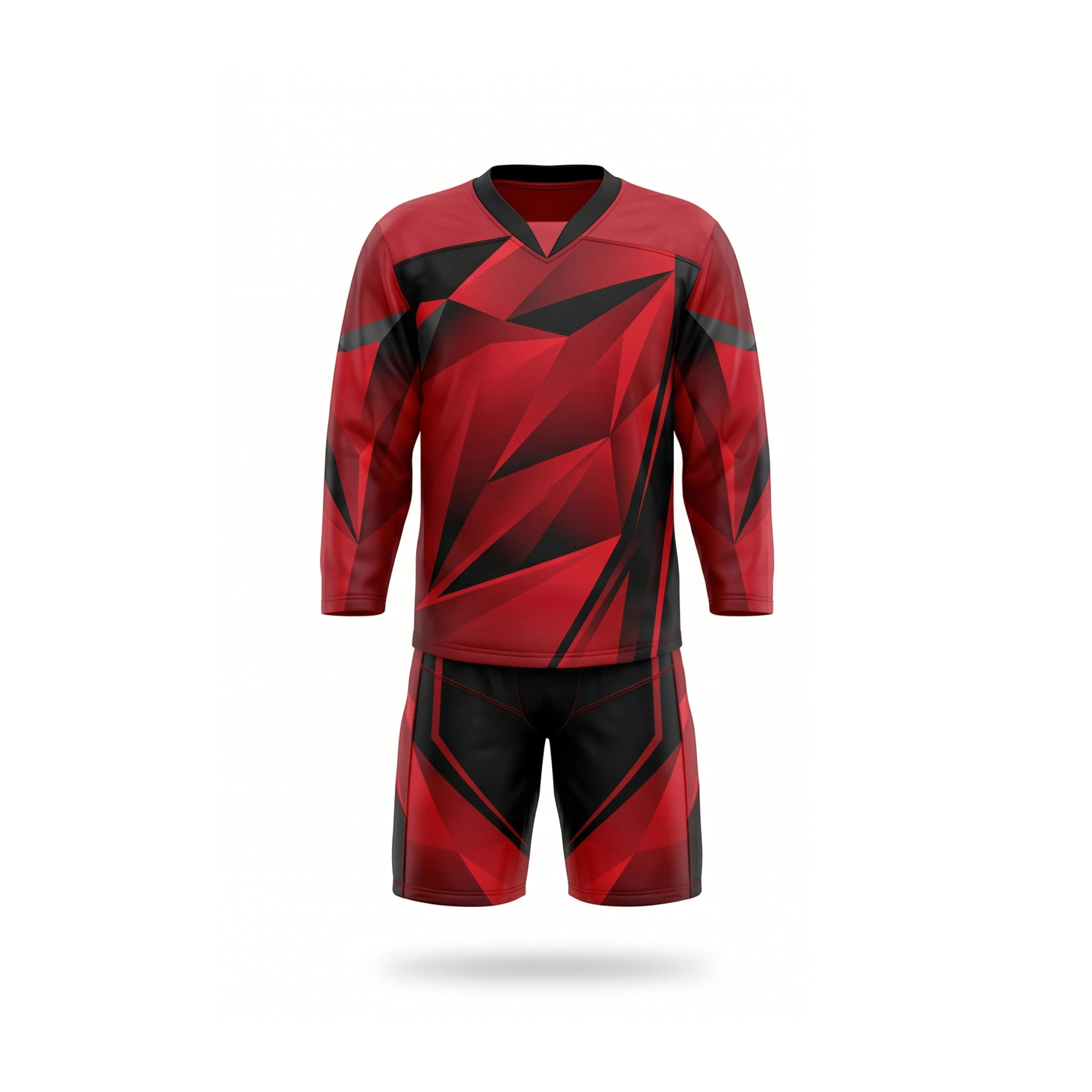 Red & Black Geometric Ice Hockey Jersey & Shorts Set