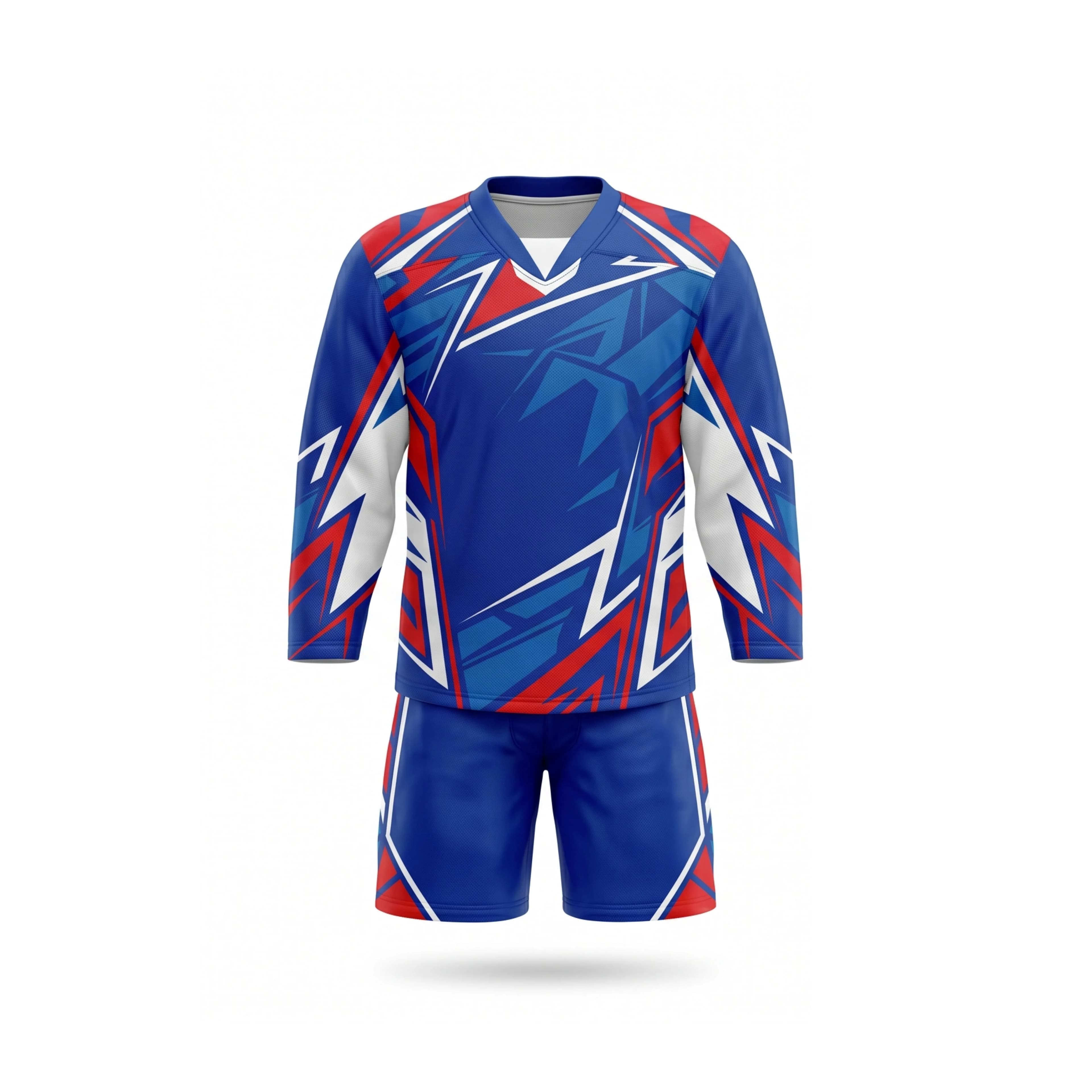 Royal Blue, Red & White Geometric Ice Hockey Jersey & Shorts Set