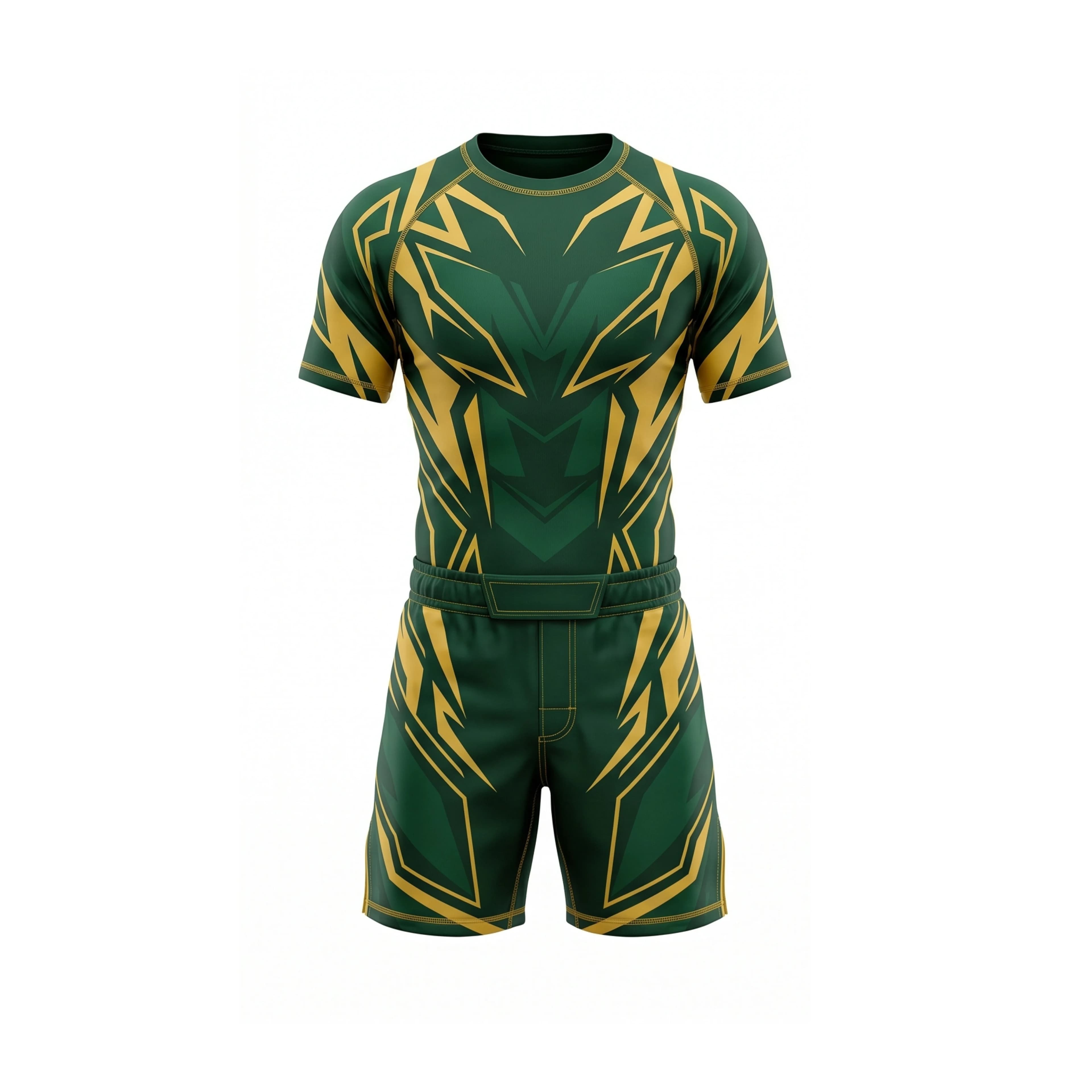Emerald Green & Gold MMA Fight Shorts & Rash Guard Set