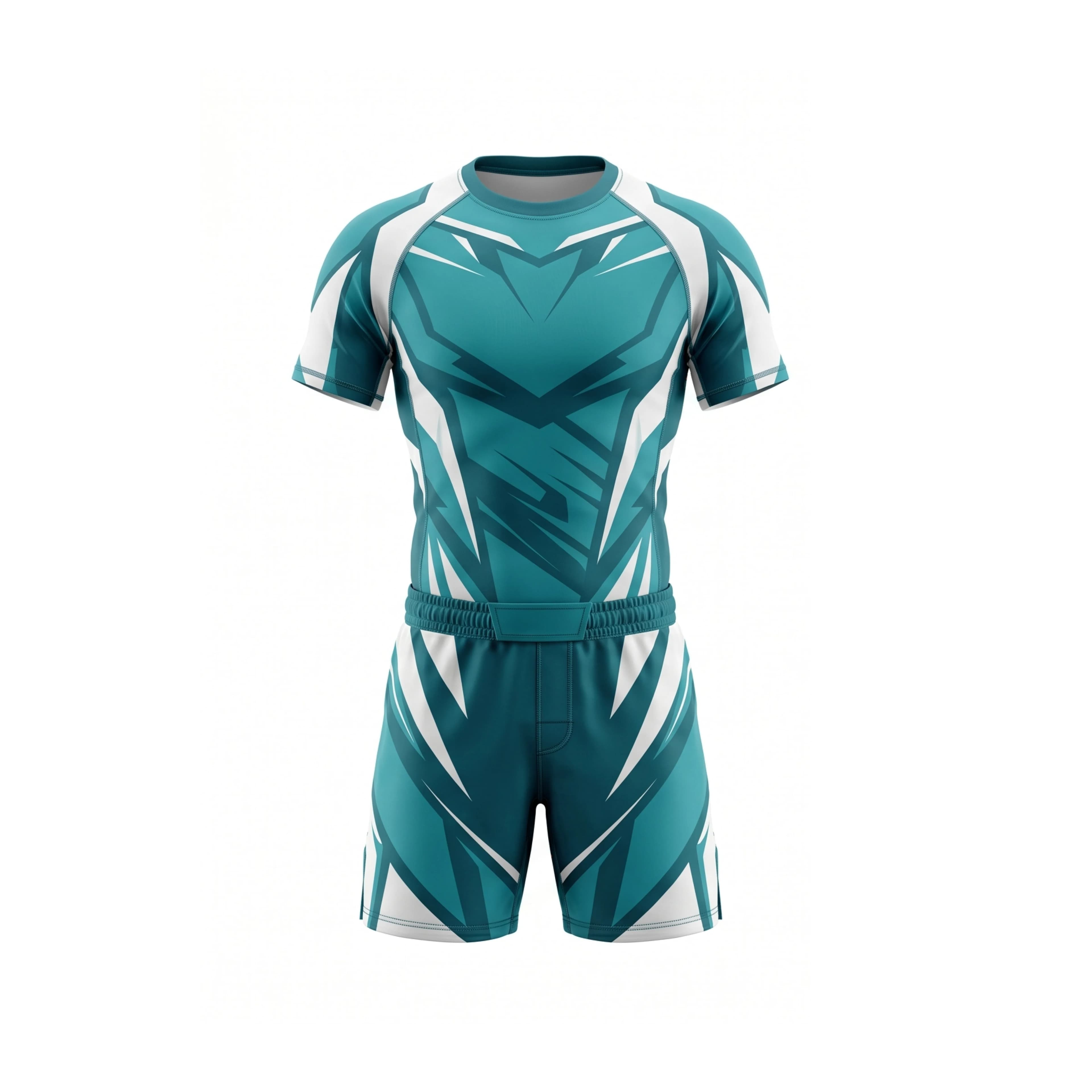 Teal & White Geometric MMA Fight Shorts & Rash Guard Set
