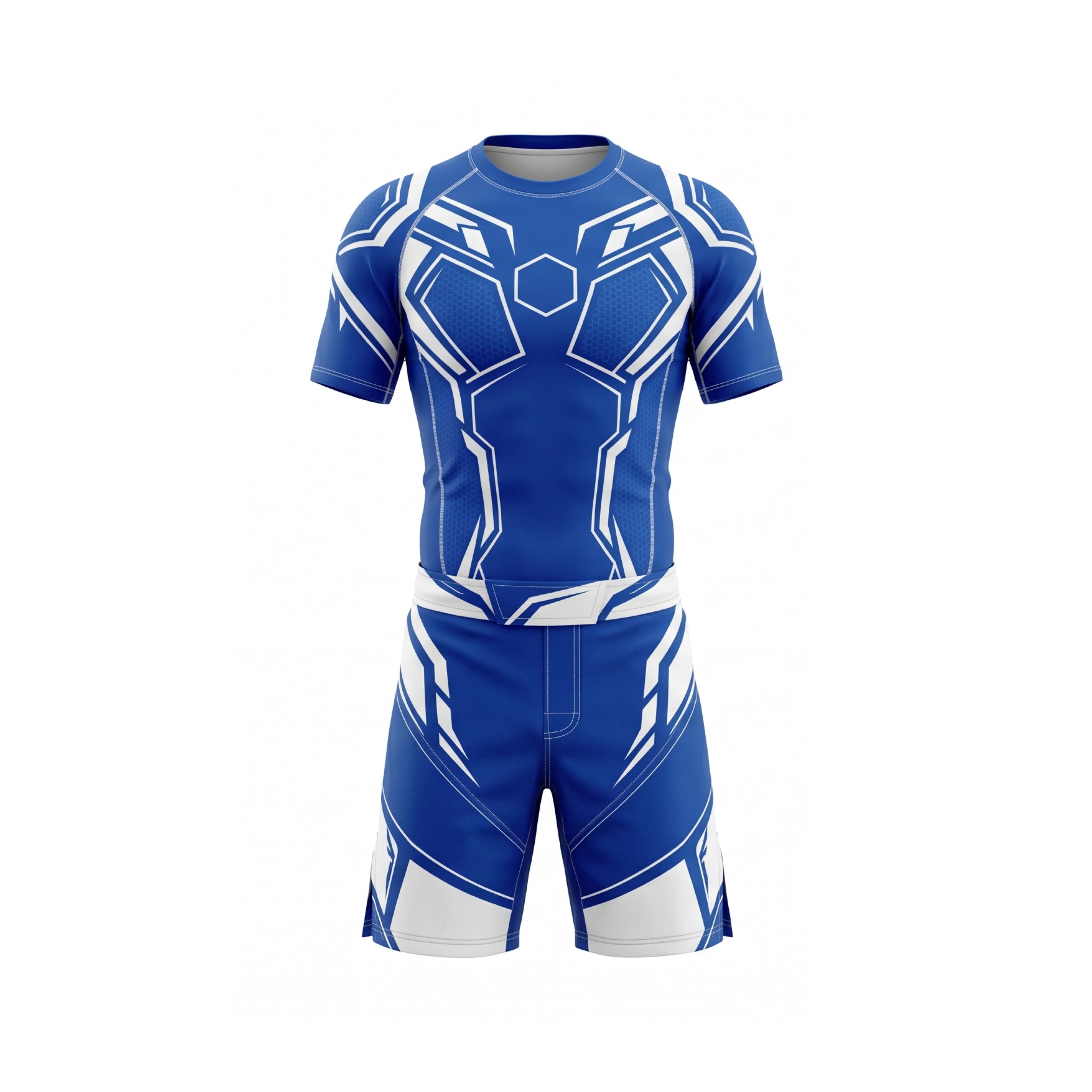 Blue and White Geometric MMA Uniform with Short Sleeves and Matching Shorts