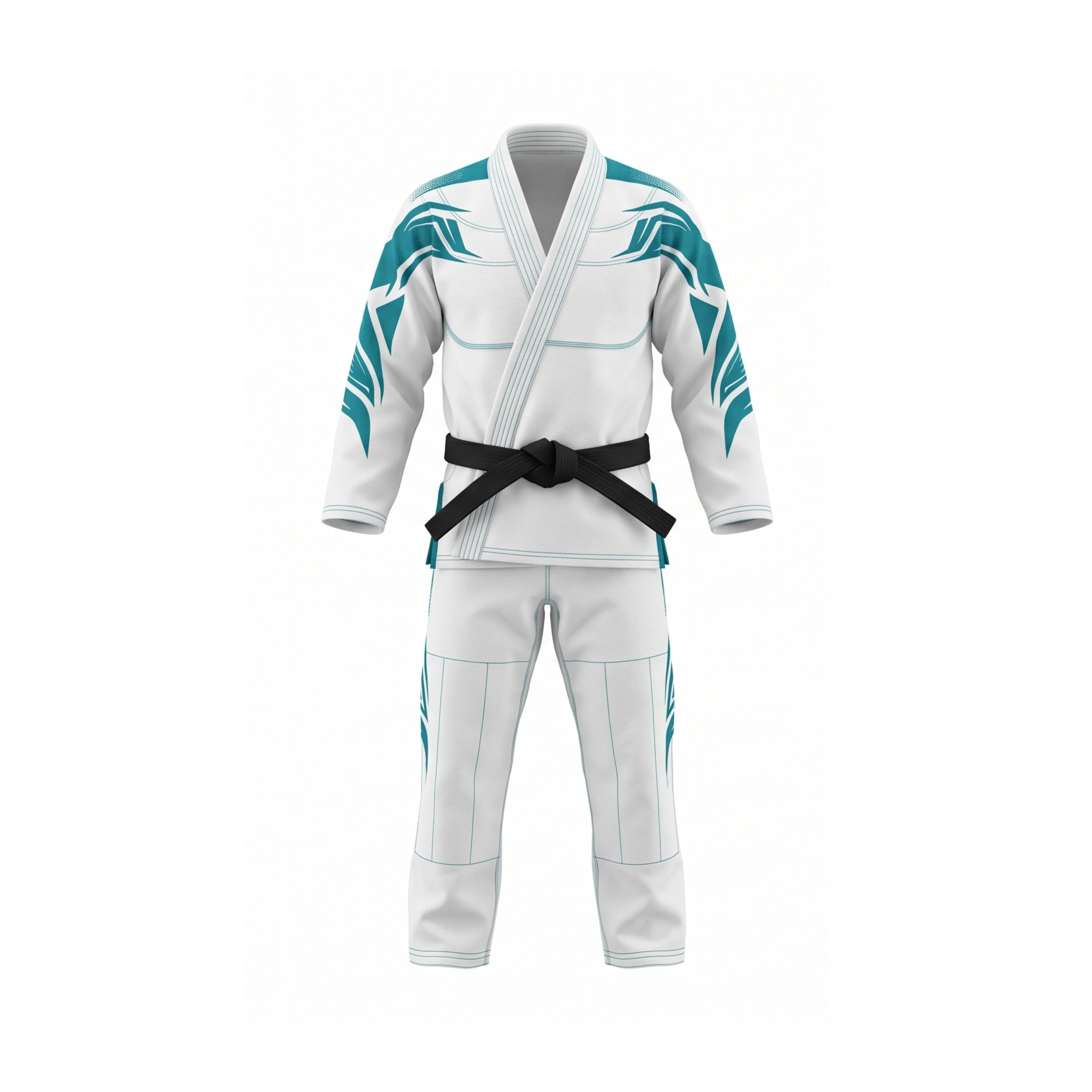 White and Teal Martial Arts Gi with Black Belt, Unique Graphic Design