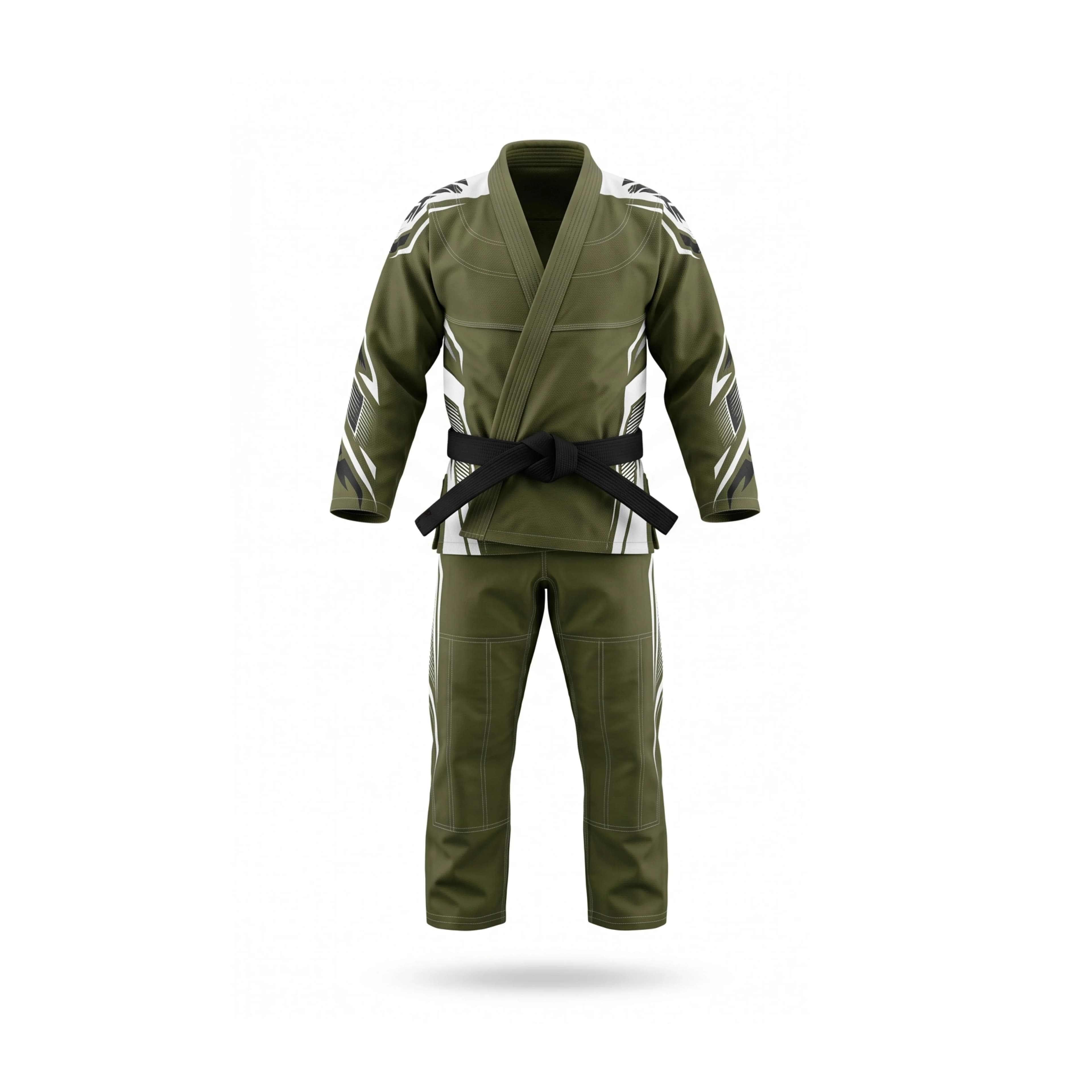 Olive Green BJJ Gi with White Accents and Black Belt