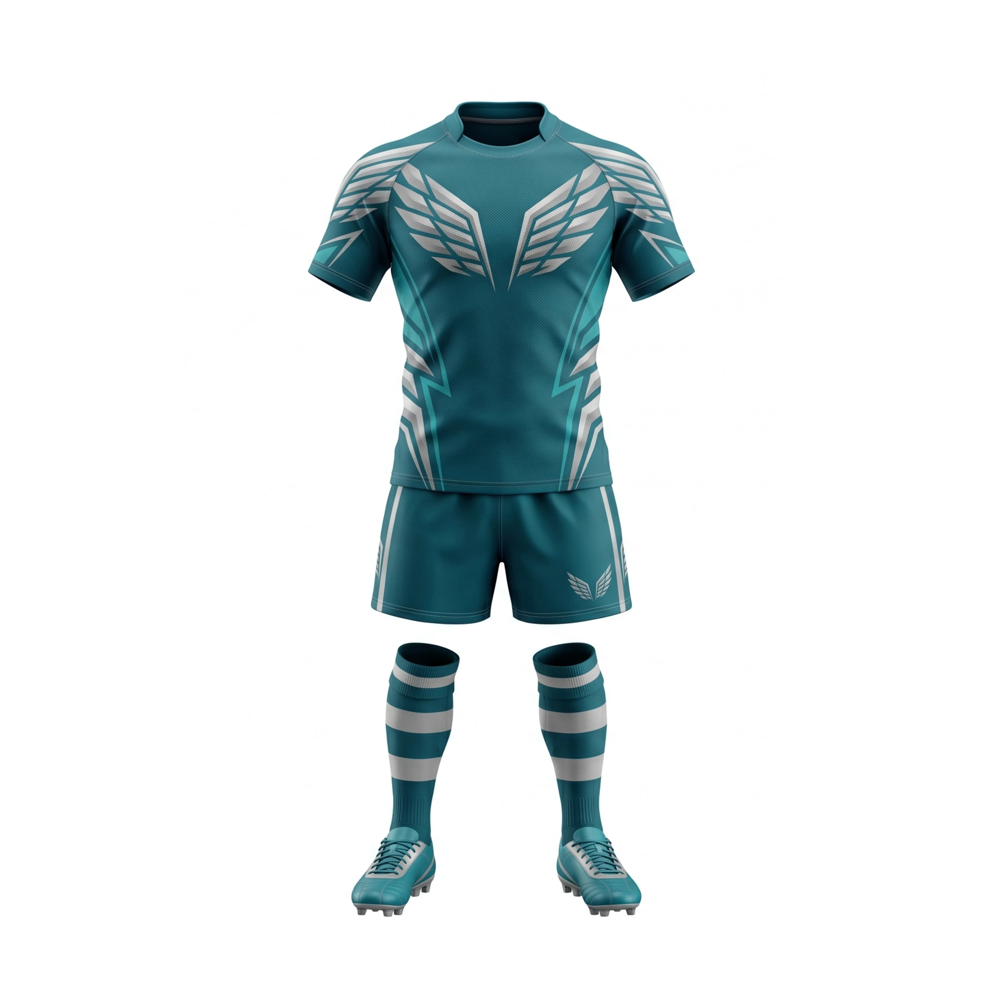 Teal Rugby Uniform with White Accents and Wing Design