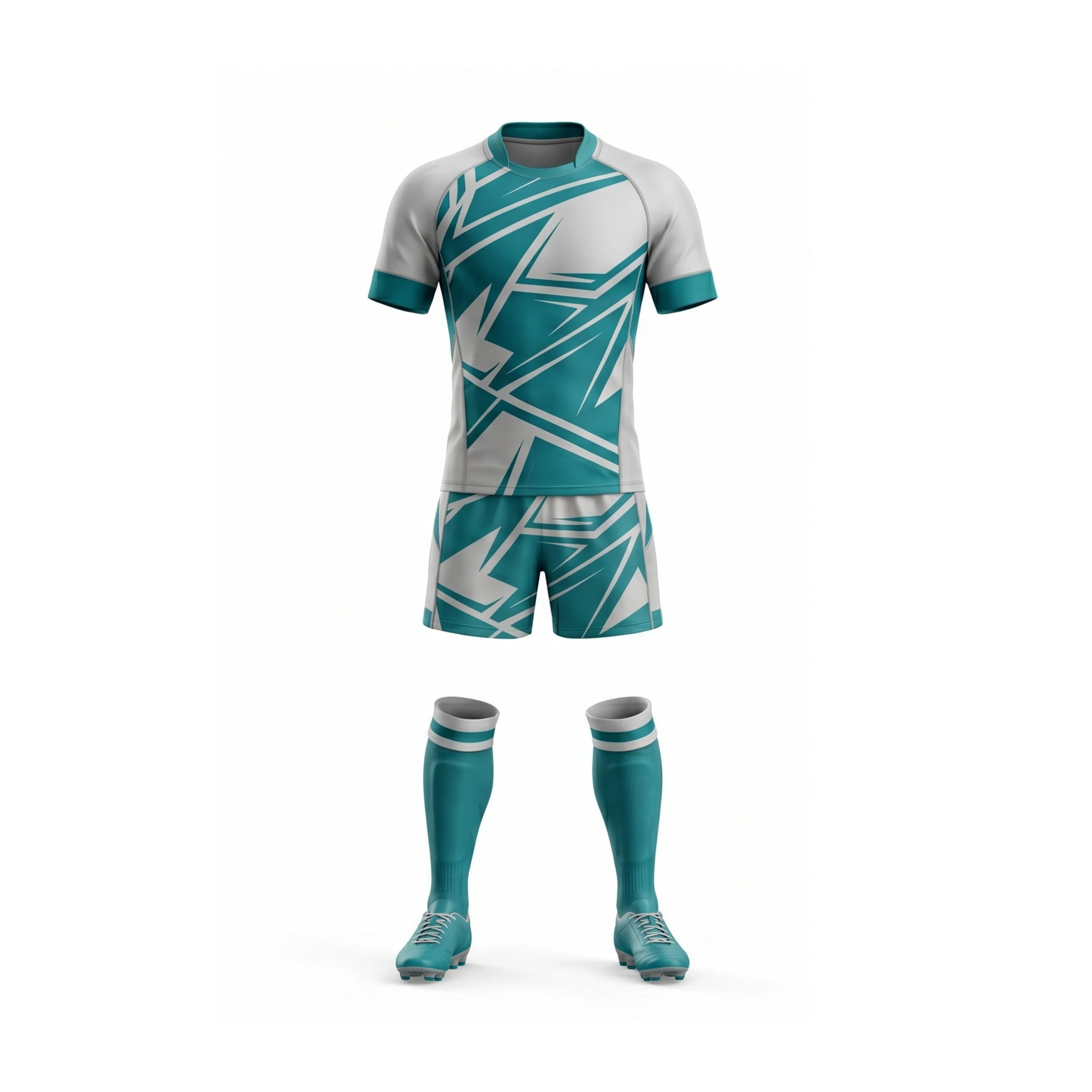 Teal & White Geometric Pattern Rugby Jersey and Shorts Set