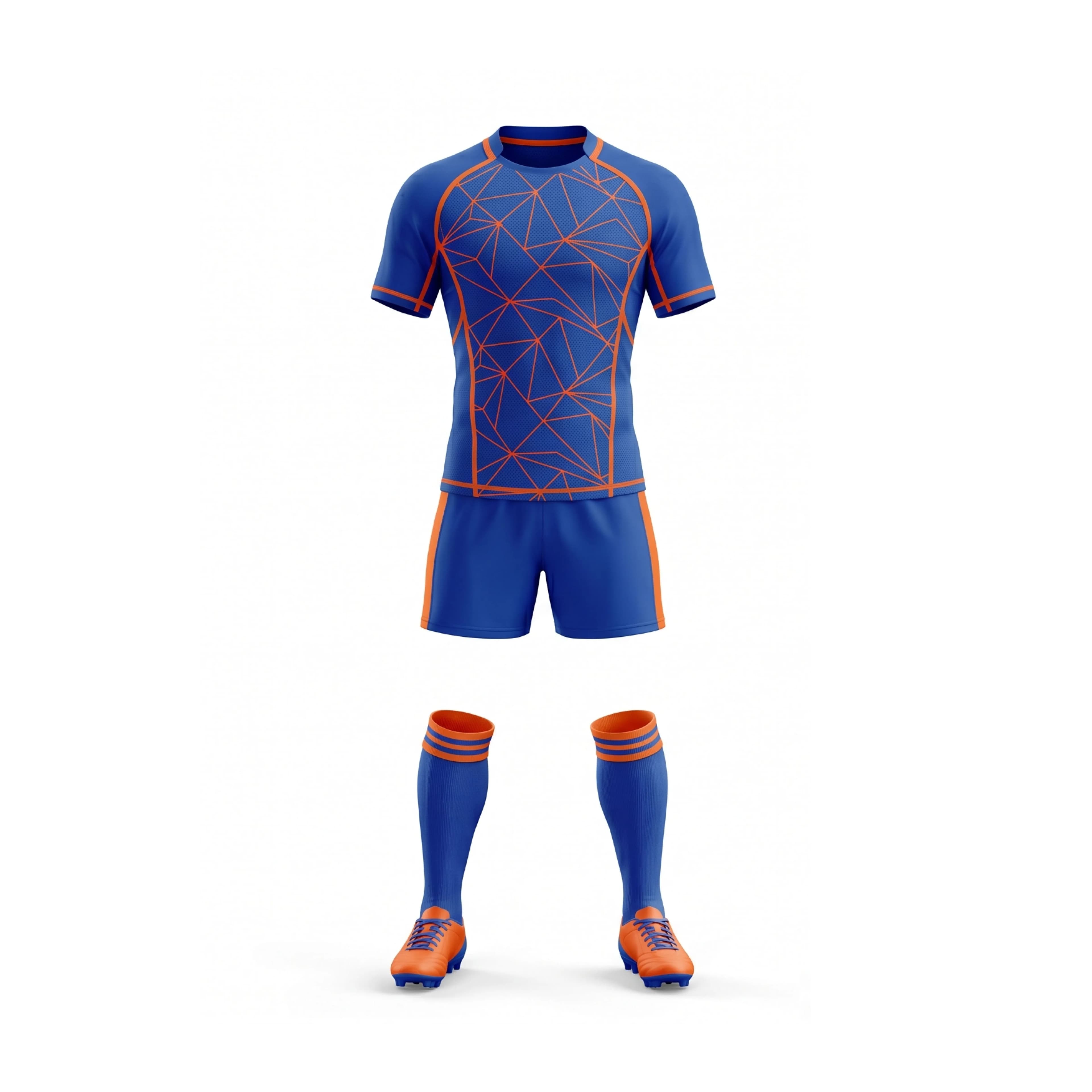 Blue & Orange Geometric Rugby Jersey Kit with Cleats
