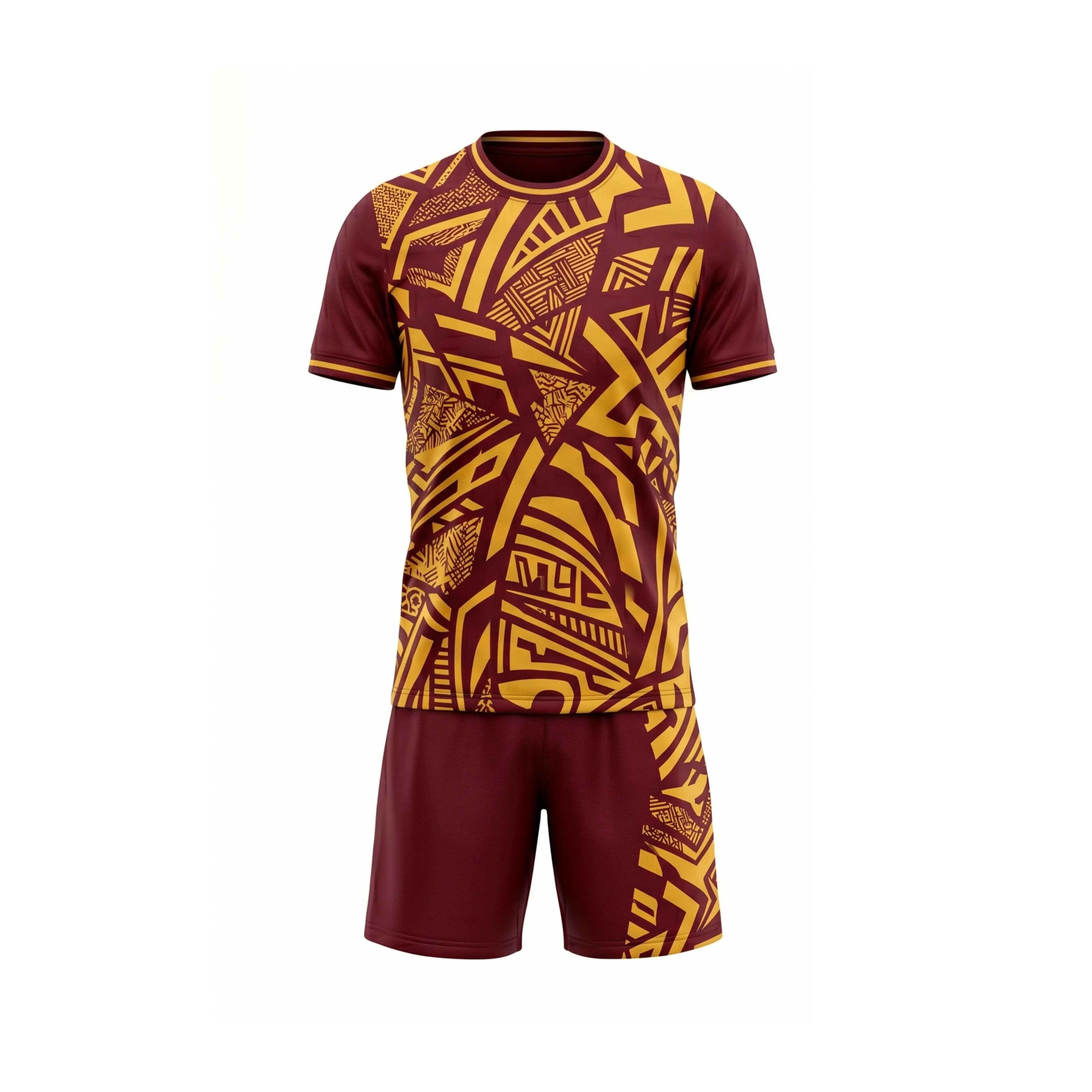 Maroon Gold Geometric Pattern Soccer Jersey and Shorts Set