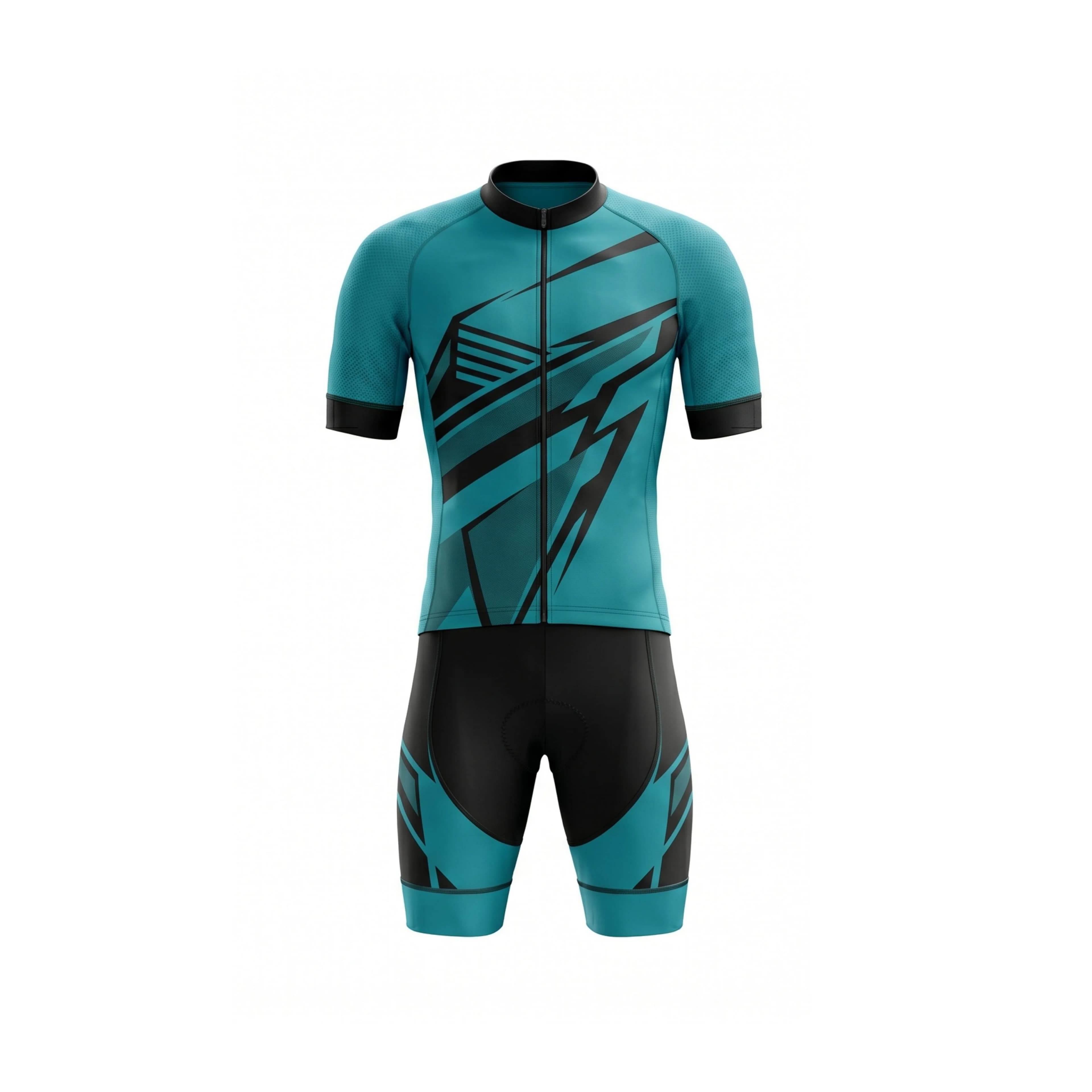 Teal & Black Geometric Pattern Cycling Jersey & Shorts Set