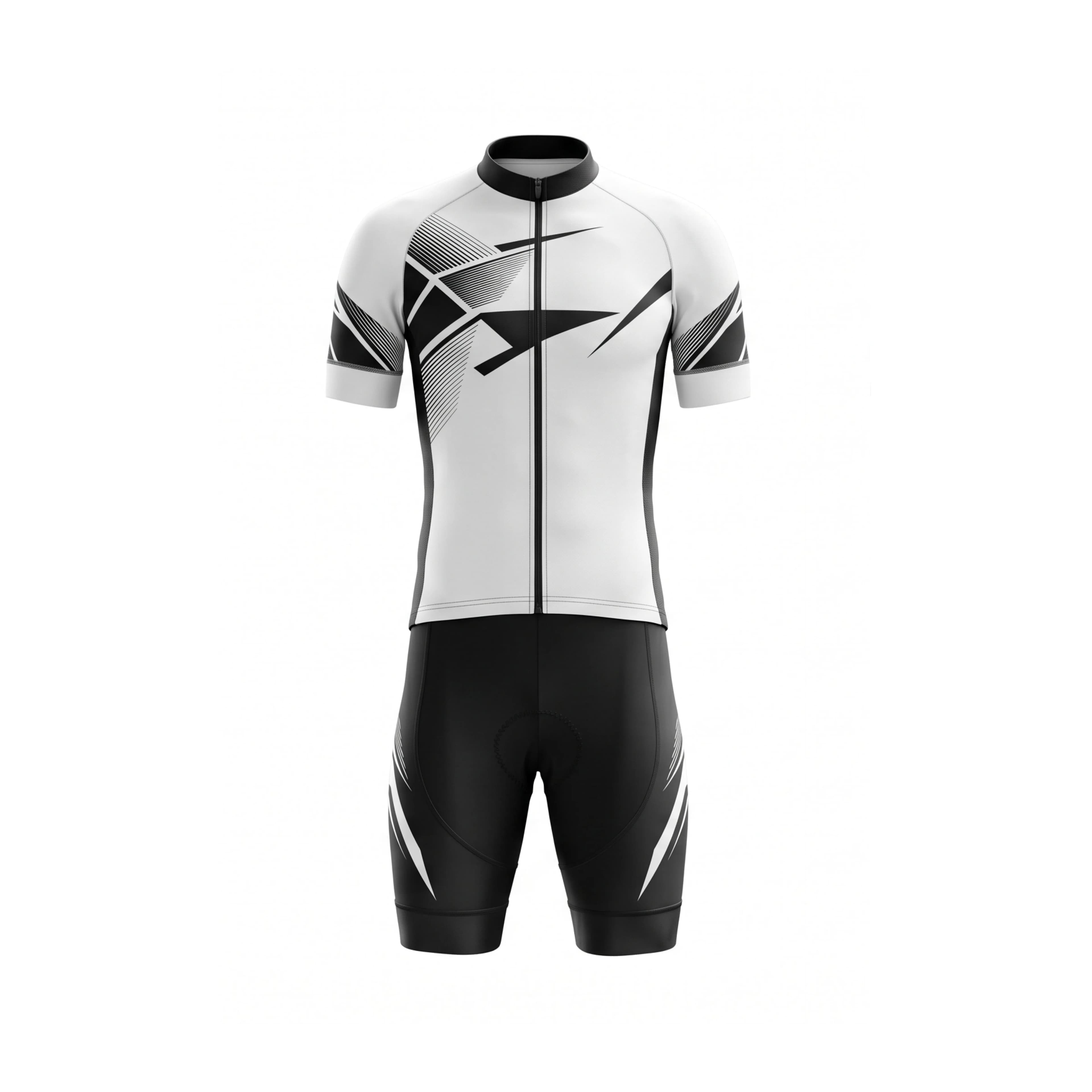 White & Black Geometric Cycling Jersey & Shorts Set for Men