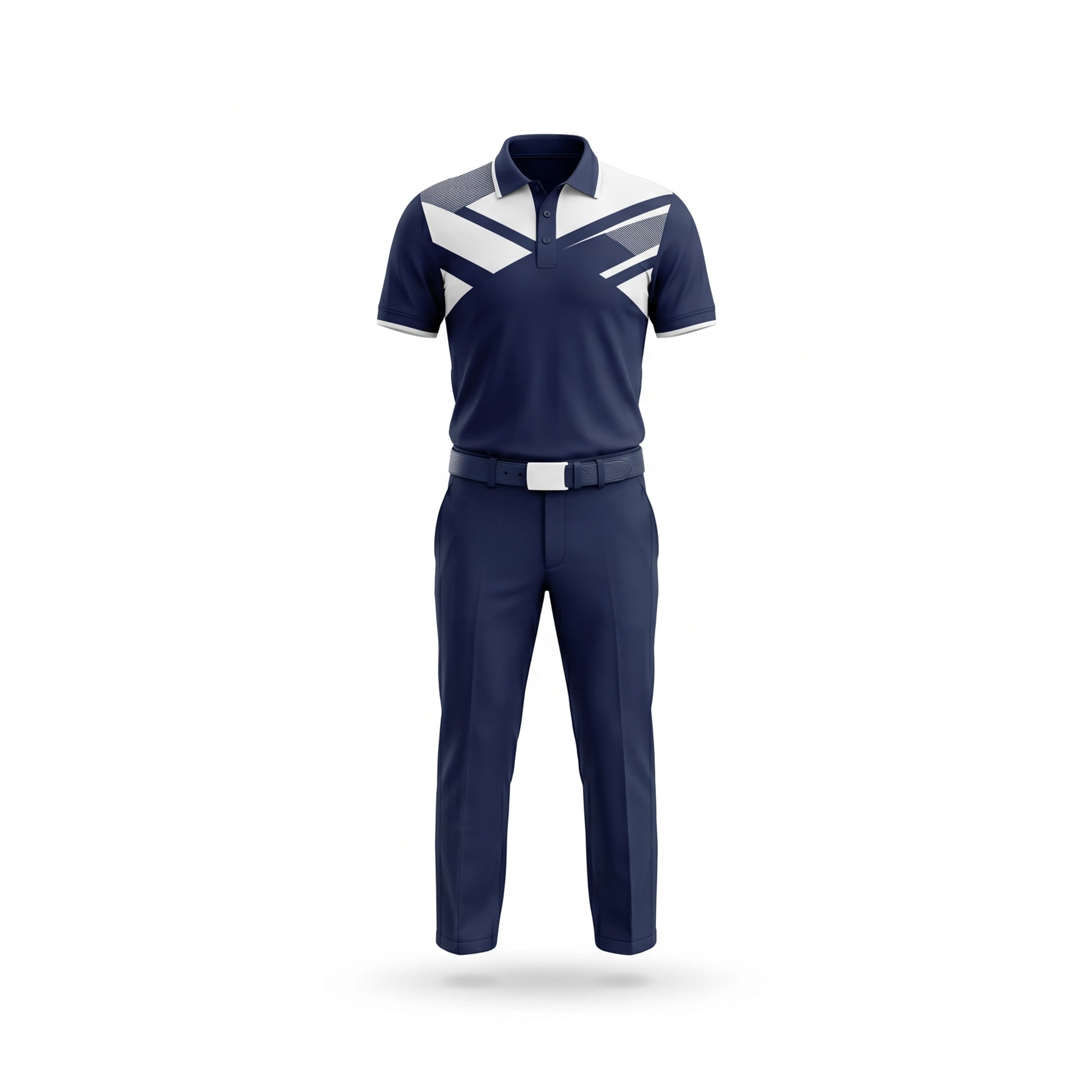 Navy Blue & White Geometric Panel Golf Polo Shirt & Performance Pants
