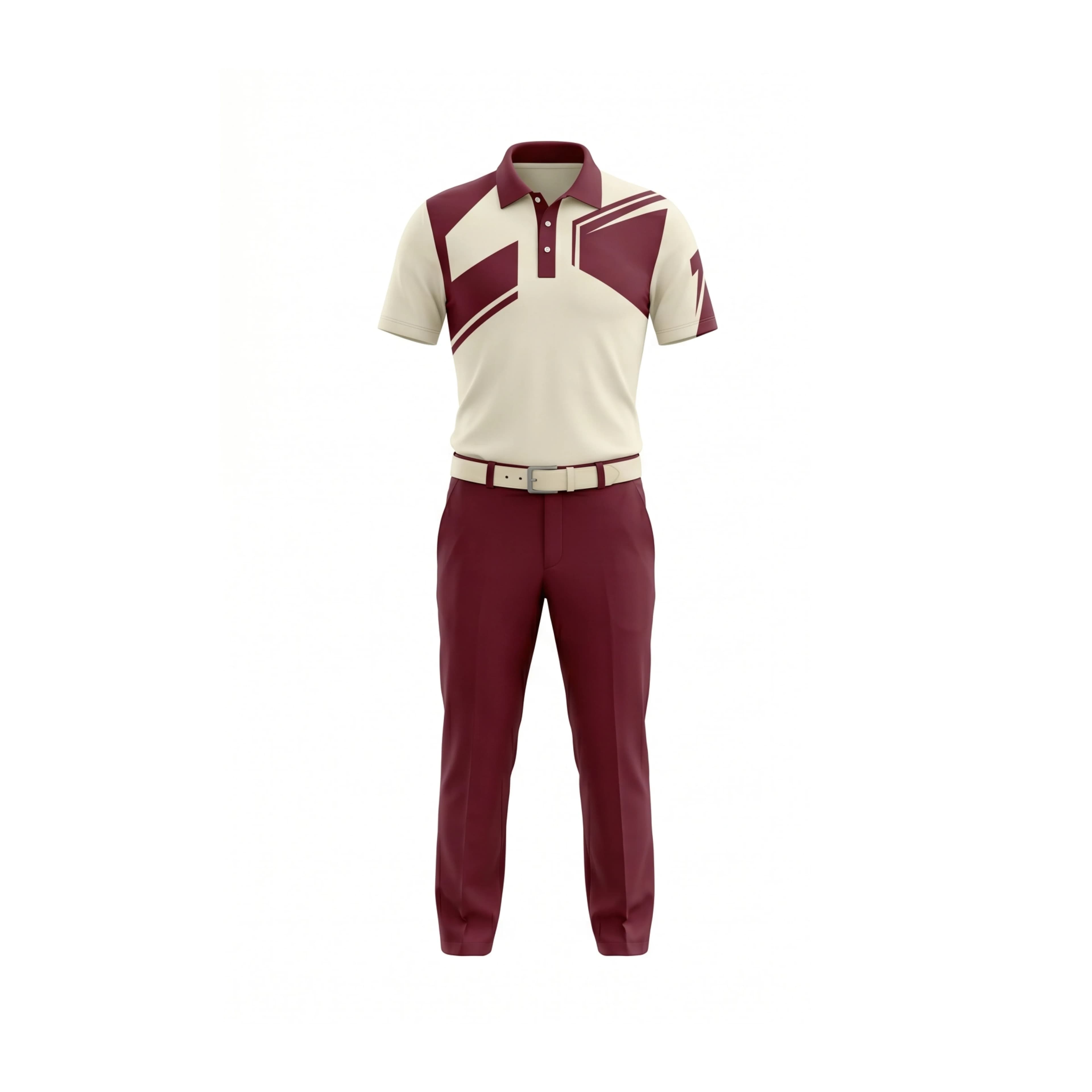 Cream & Maroon Geometric Pattern Golf Polo and Trousers Set