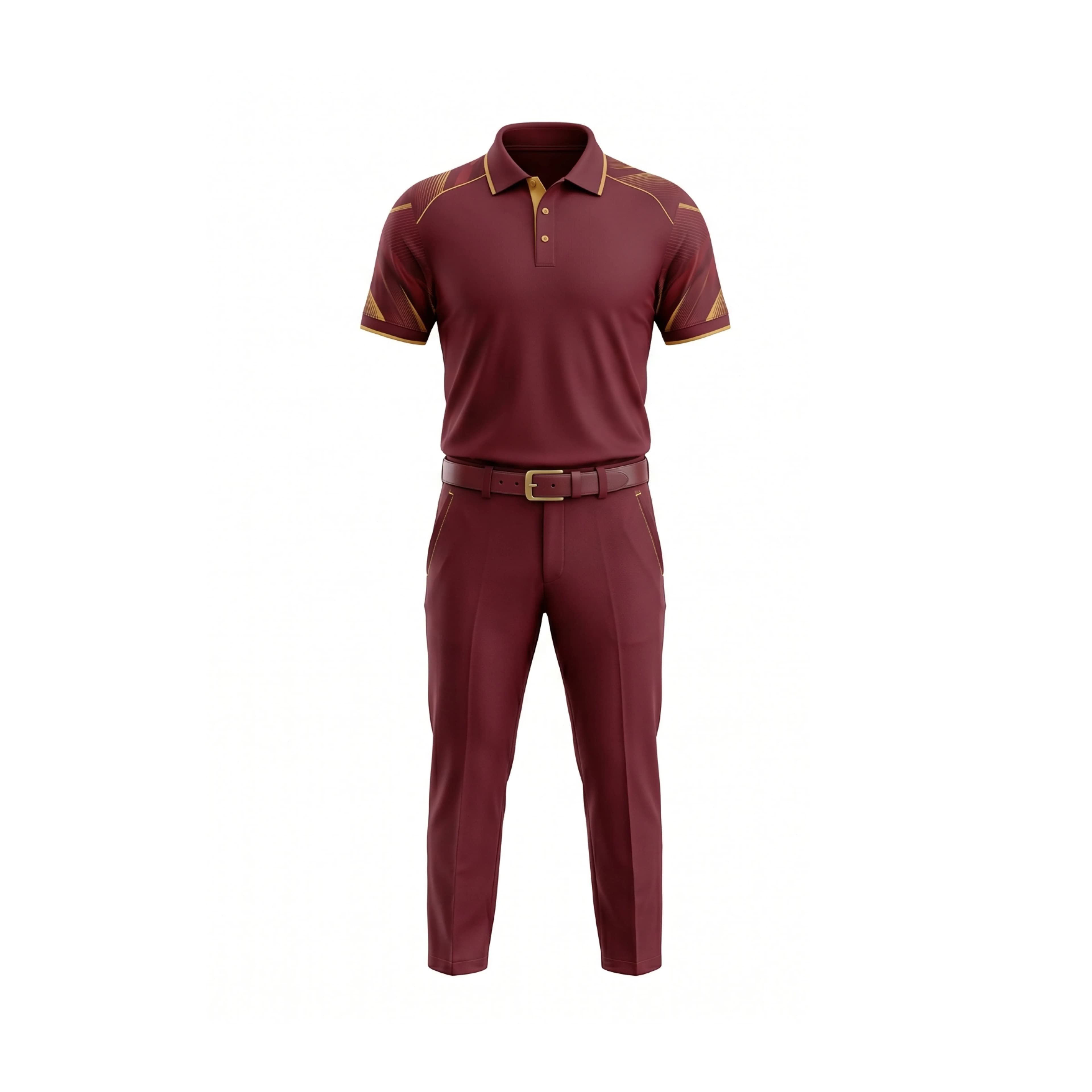 Maroon Golf Polo & Trousers Set with Gold Geometric Accents
