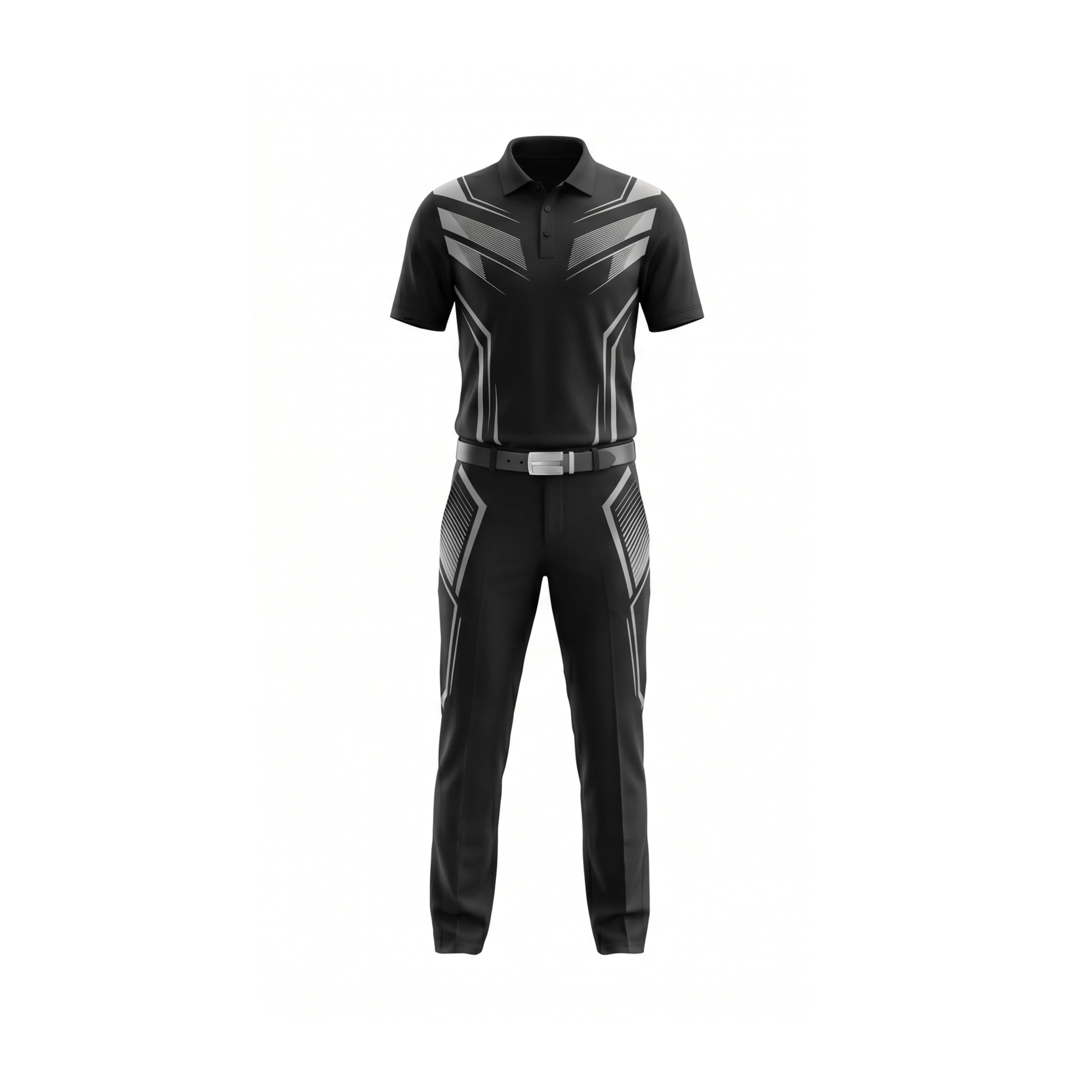 Black & Silver Geometric Golf Polo Shirt and Pants Set